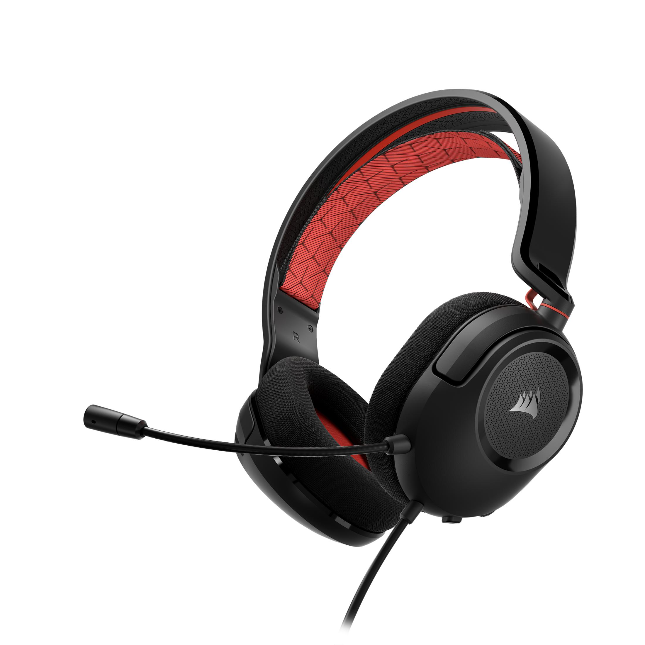 Cuffie da gaming nere con microfono e accenti rossi.