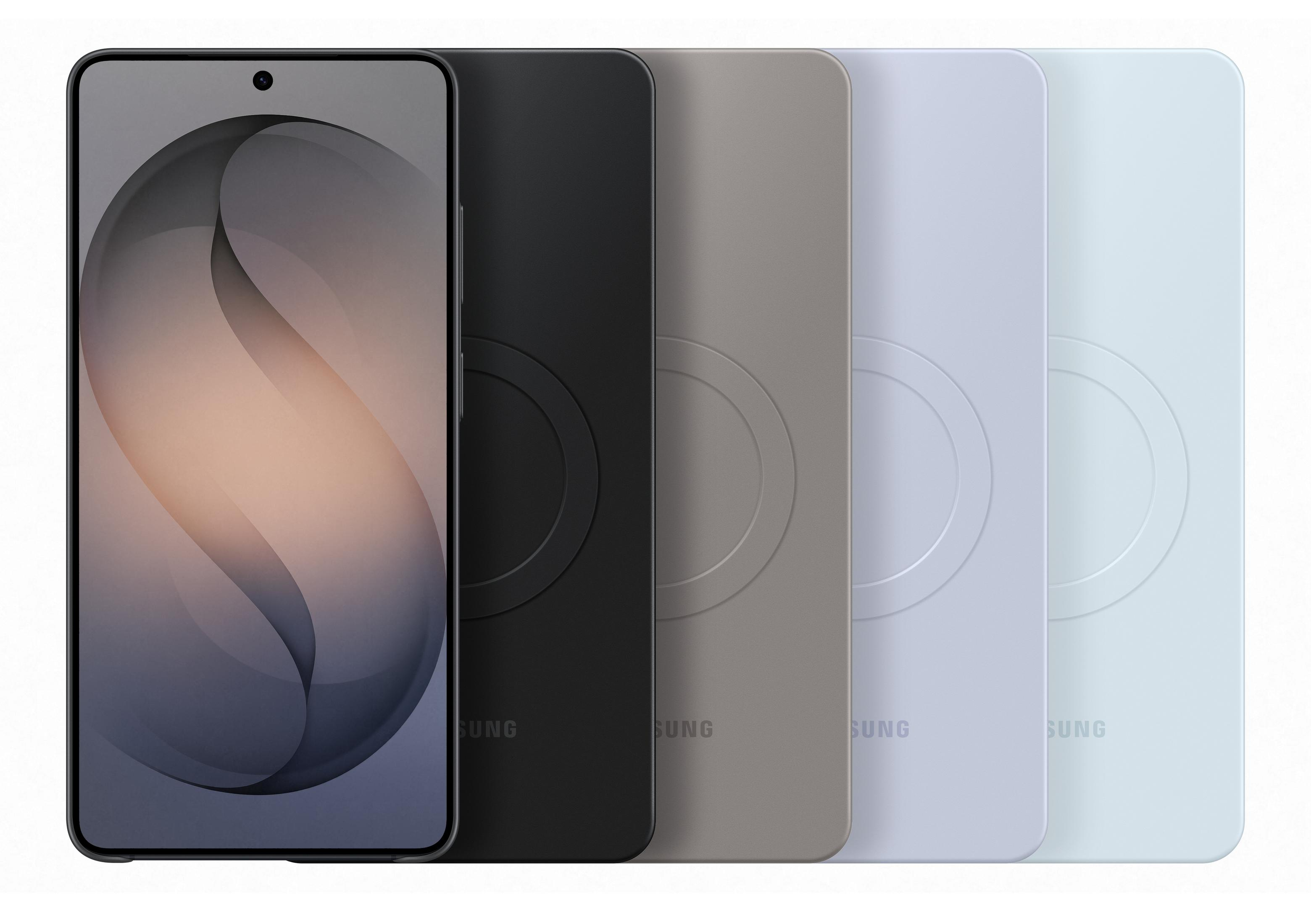 Uno smartphone con sfondo astratto e quattro custodie colorate accanto.
