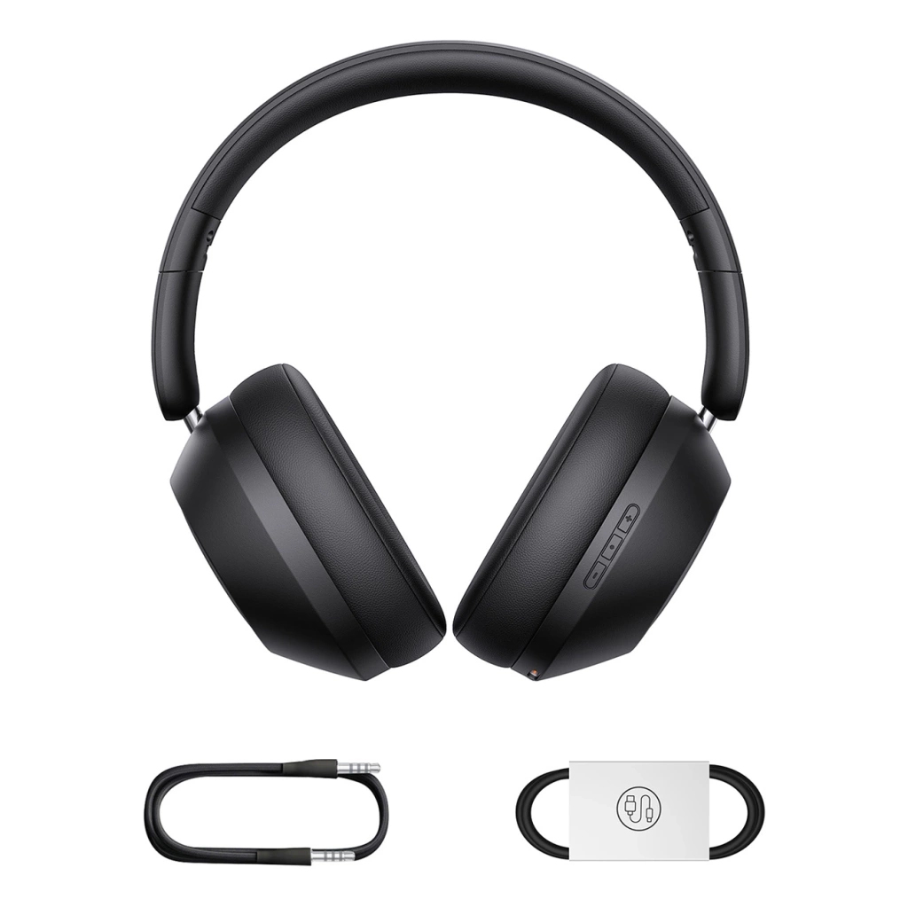 Schwarze Over-Ear-Kopfhörer mit Kabel und zwei Ohrhörern.