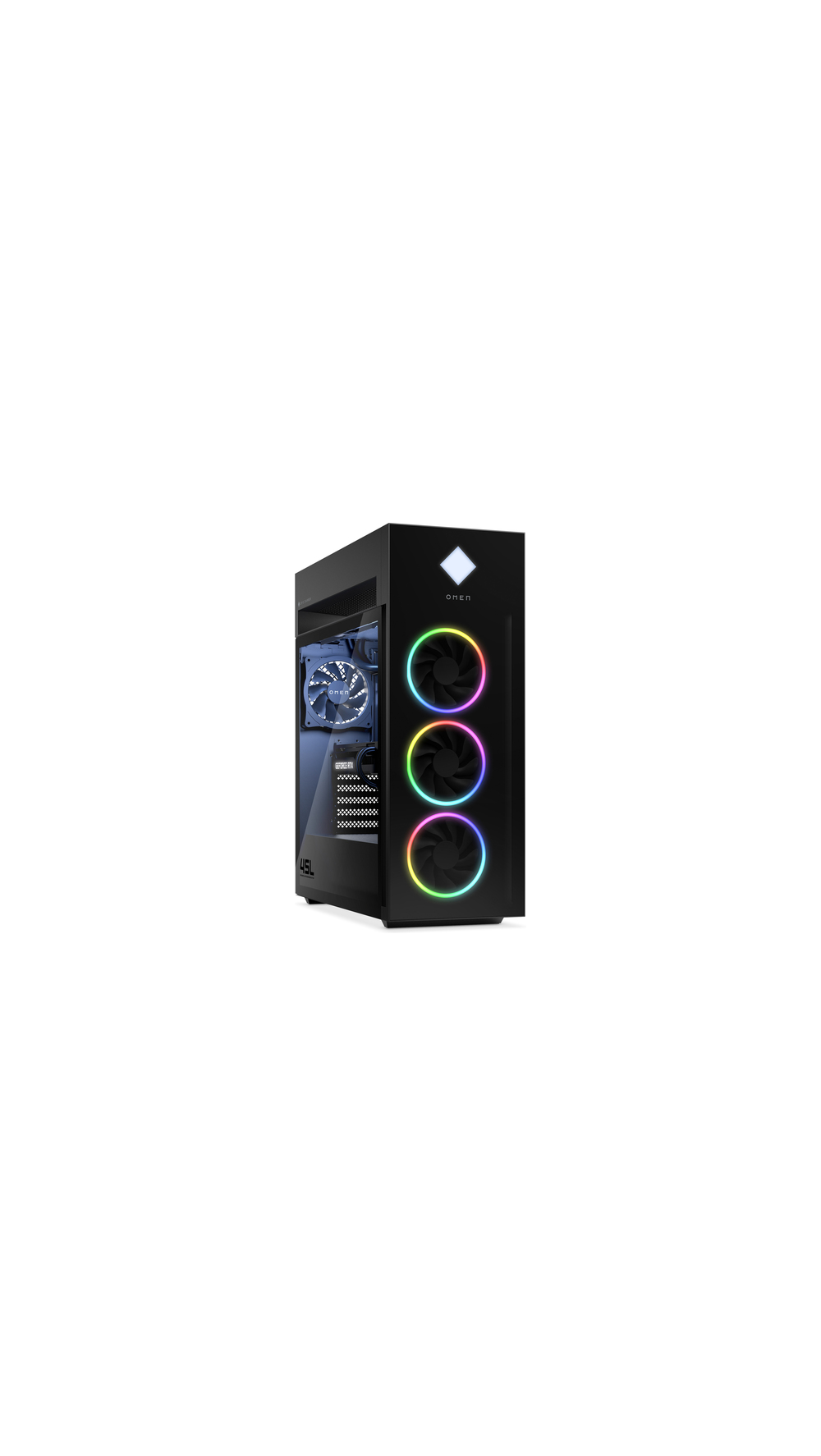Zwarte pc-behuizing met RGB-ventilatoren en transparant zijpaneel.