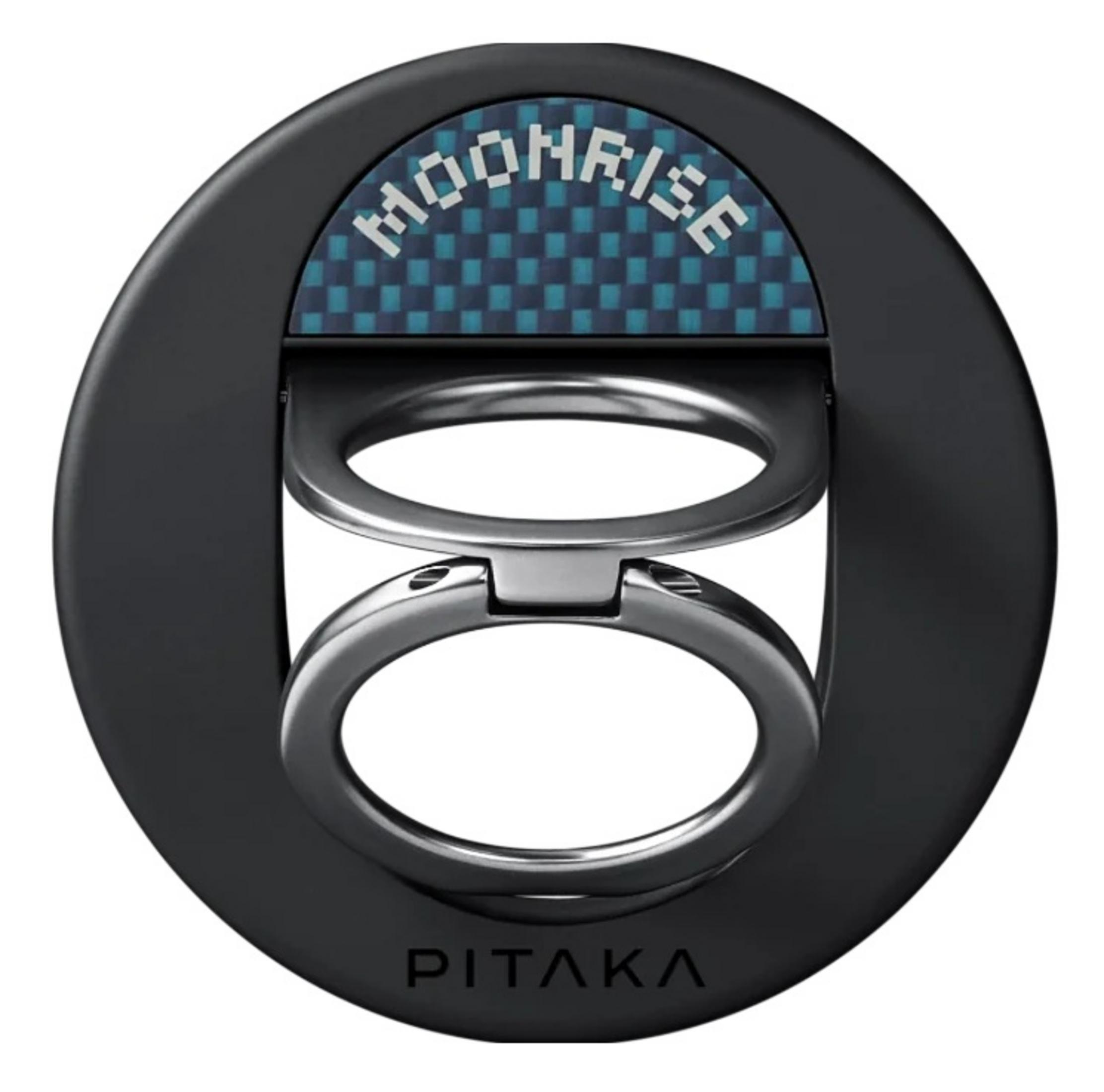 Soporte de anillo negro para teléfono con patrón de cuadros azules y texto "MOONRISE".