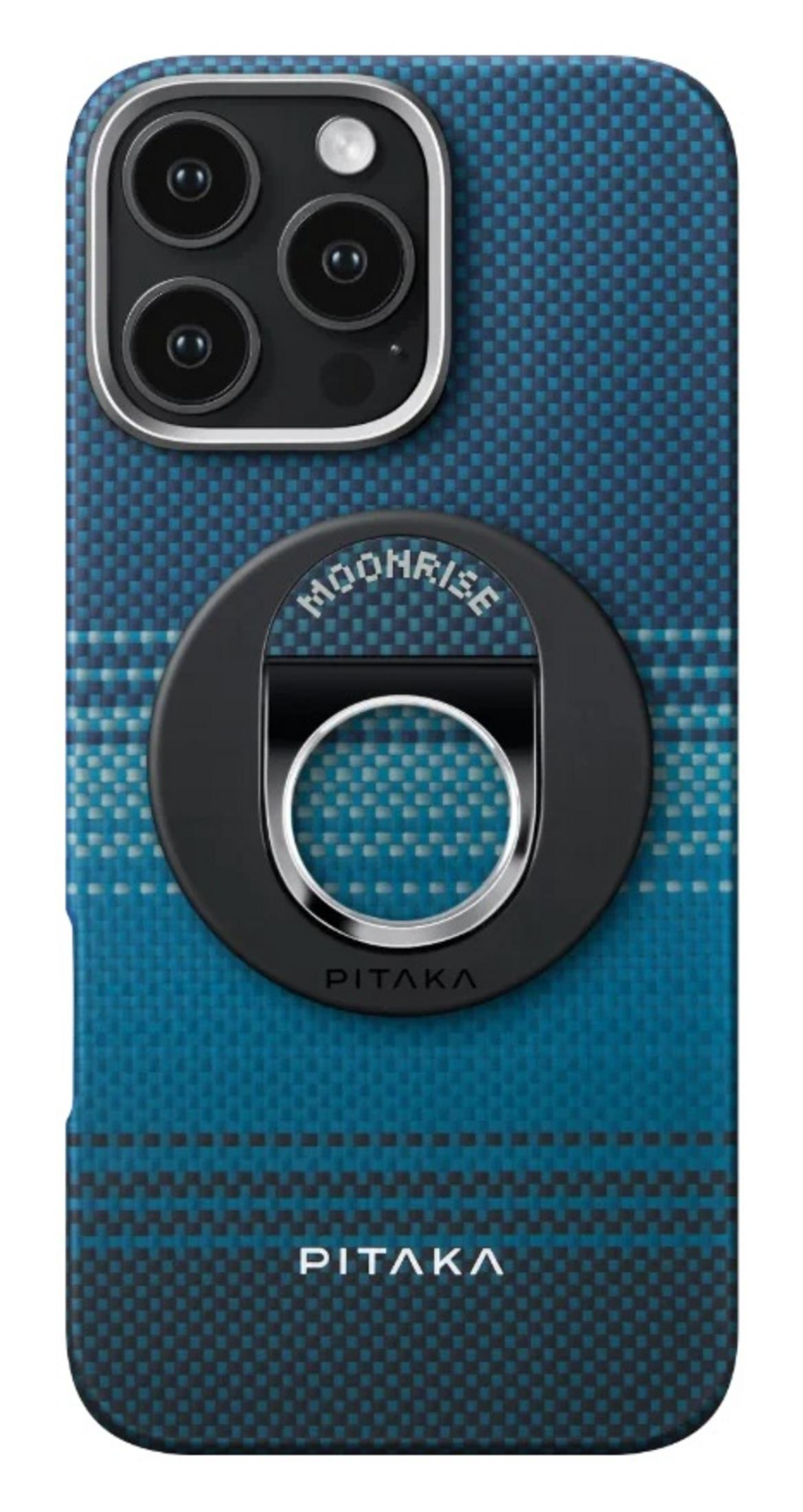 Una funda de teléfono Pitaka azul con un bulto de cámara y un soporte de agarre circular.