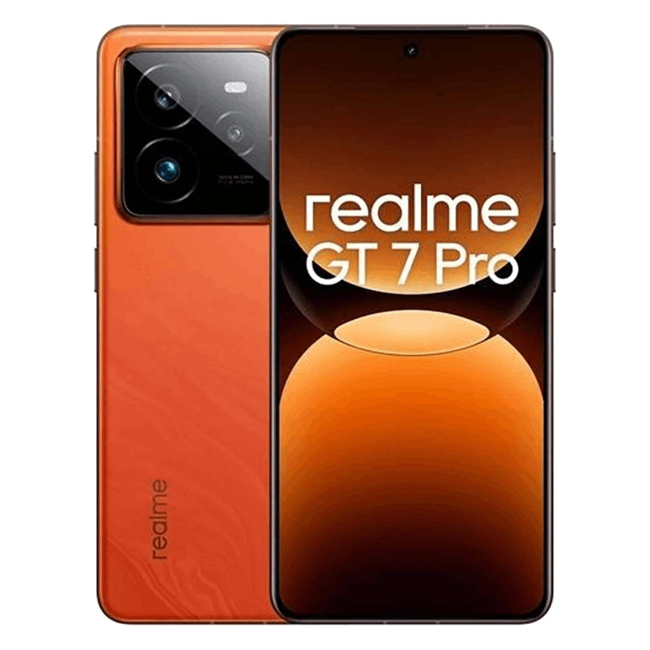 Orange Realme GT 7 Pro Smartphone mit Kamera und Bildschirm.