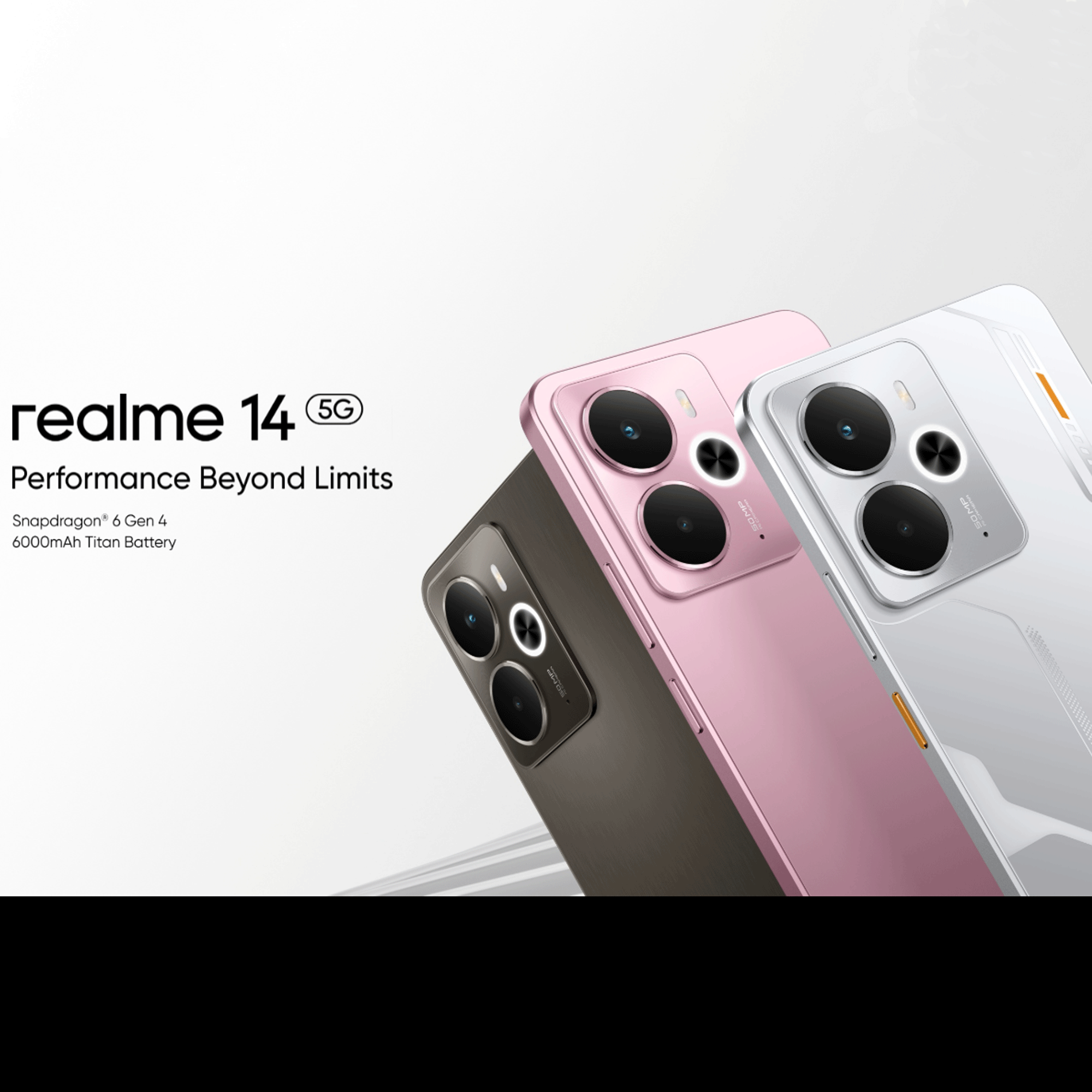 Tre telefoni Realme 14 5G in grigio, rosa e bianco. Testo: Realme 14 5G, Prestazioni Oltre i Limiti.