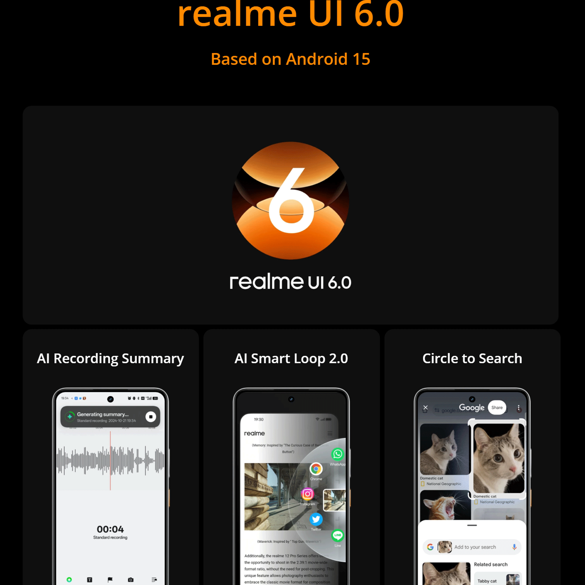 Realme UI 6.0 mit Android 15. Screenshots zeigen KI-Aufnahme, Smart Loop und Circle to Search.