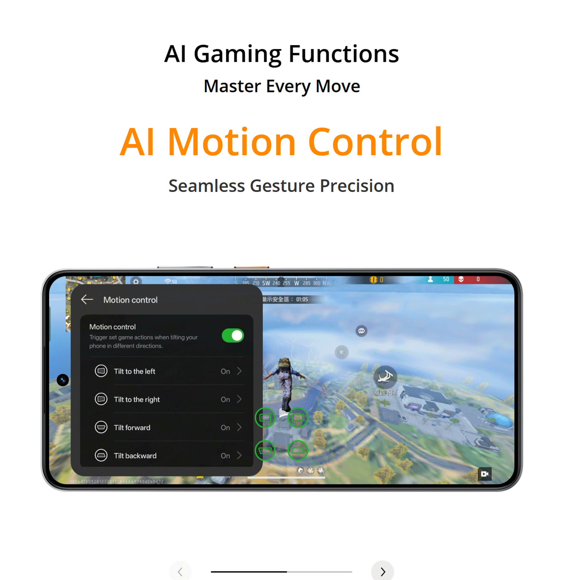 Lo smartphone mostra un gioco con impostazioni di controllo del movimento.