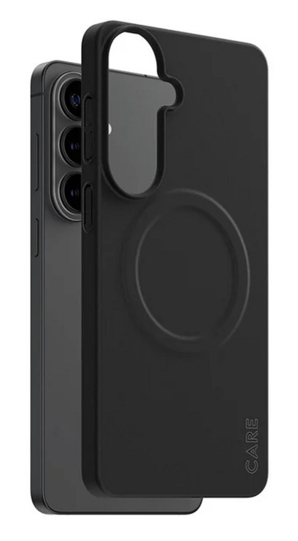 Schwarzes Smartphone mit Kameramodul und Schutzhülle, die eine kreisförmige Vertiefung aufweist.