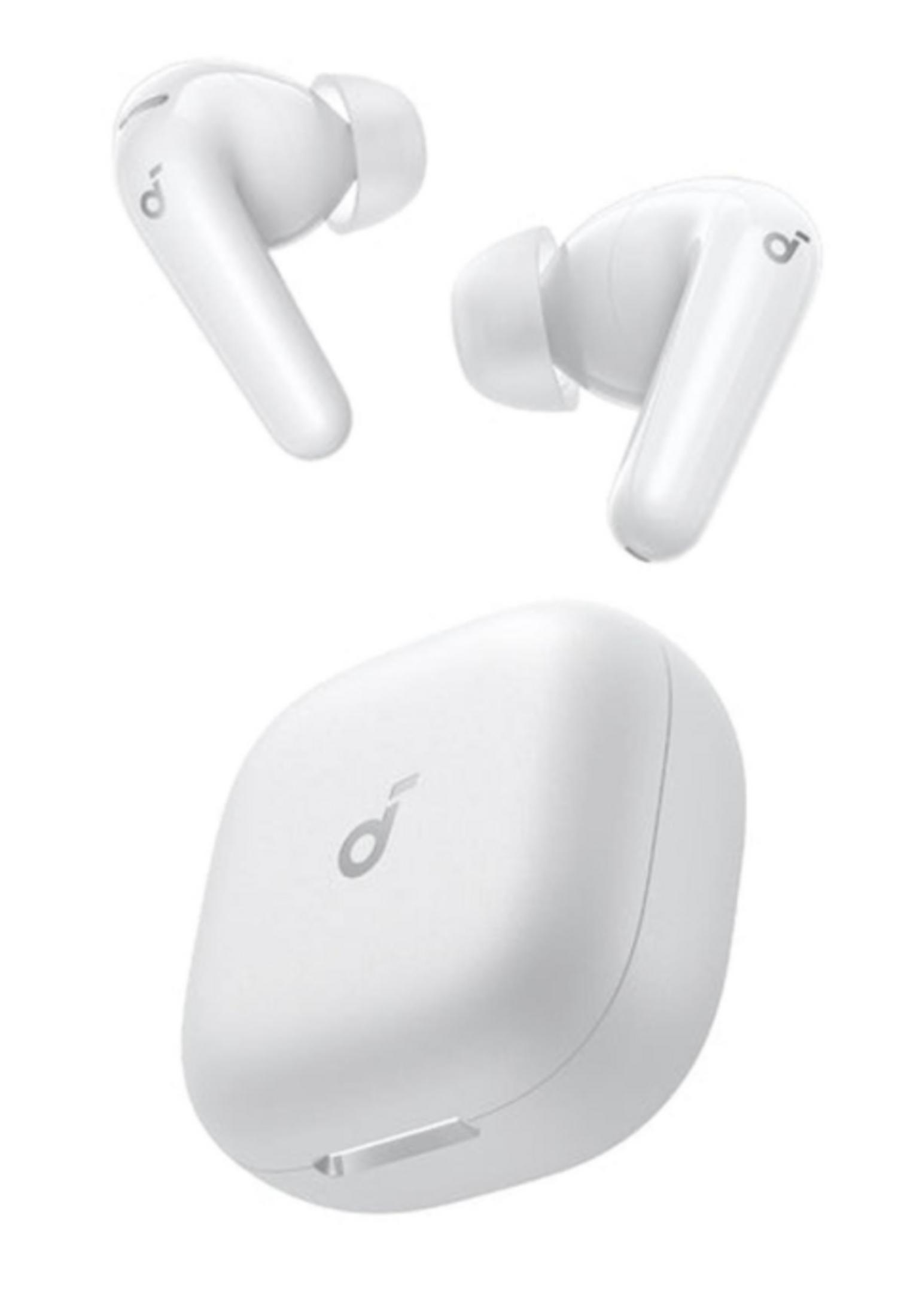 Auricolari wireless bianchi e custodia di ricarica con logo.