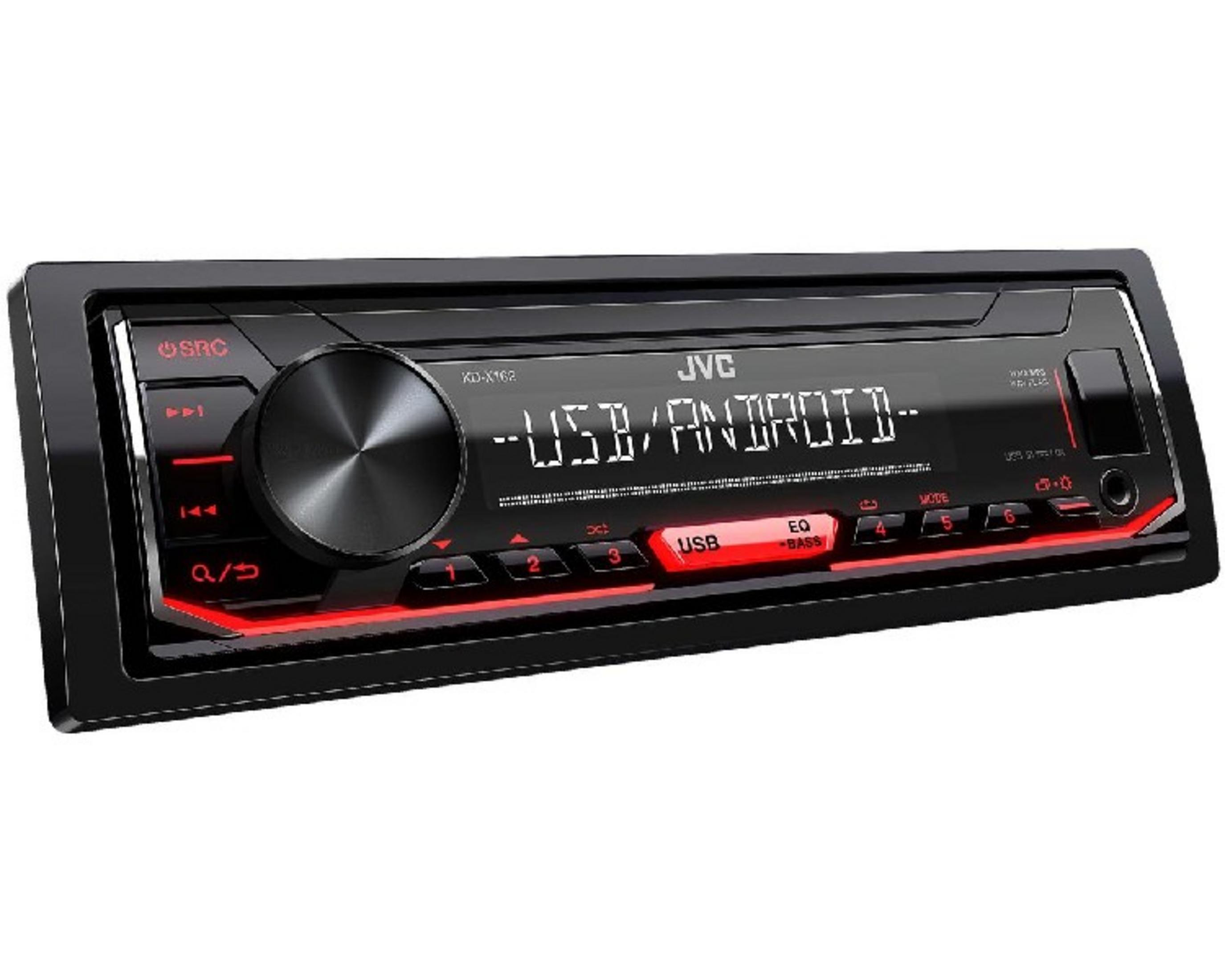 Un autorradio JVC negro con detalles rojos y pantalla USB/Android.