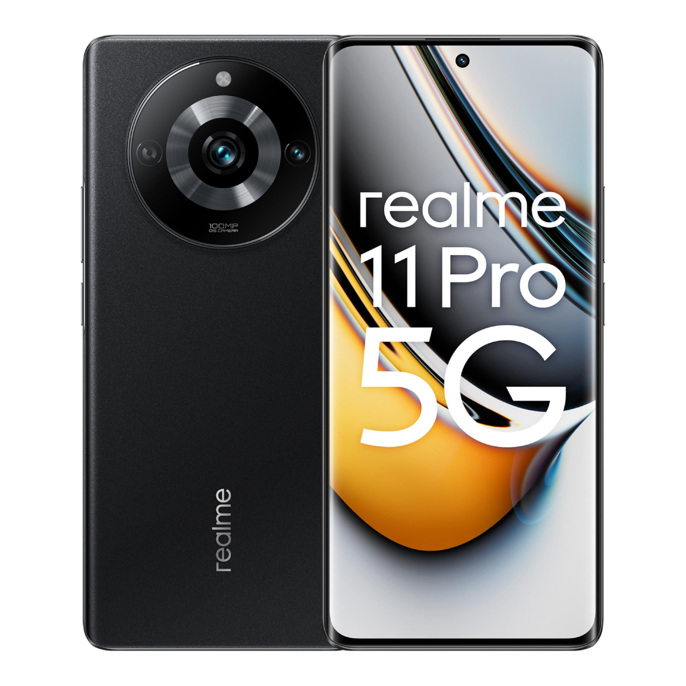 Smartphone Realme 11 Pro 5G negro con gran cámara, sobre fondo blanco.