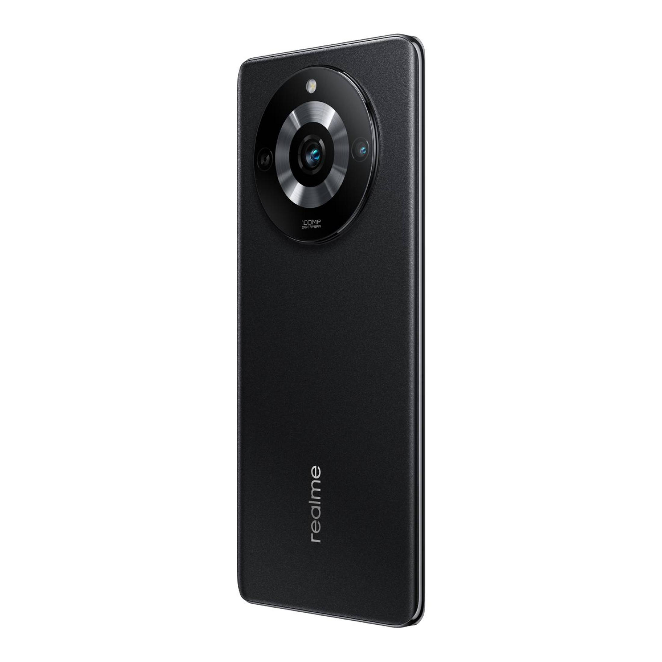 Un smartphone negro con módulo de cámara circular y logo de Realme.