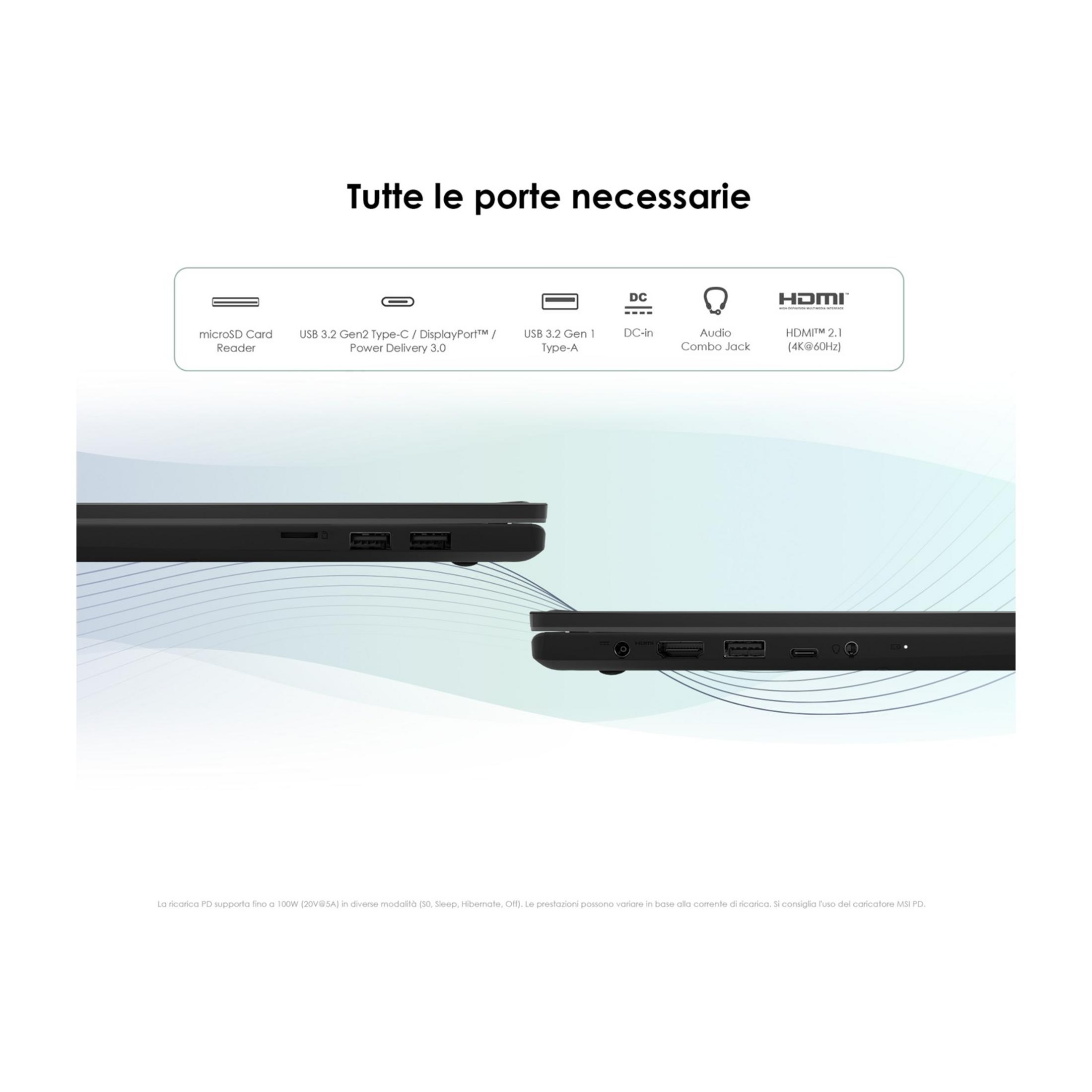 Porte del laptop: microSD, USB-C, USB-A, DC-in, Audio, HDMI 2.1.