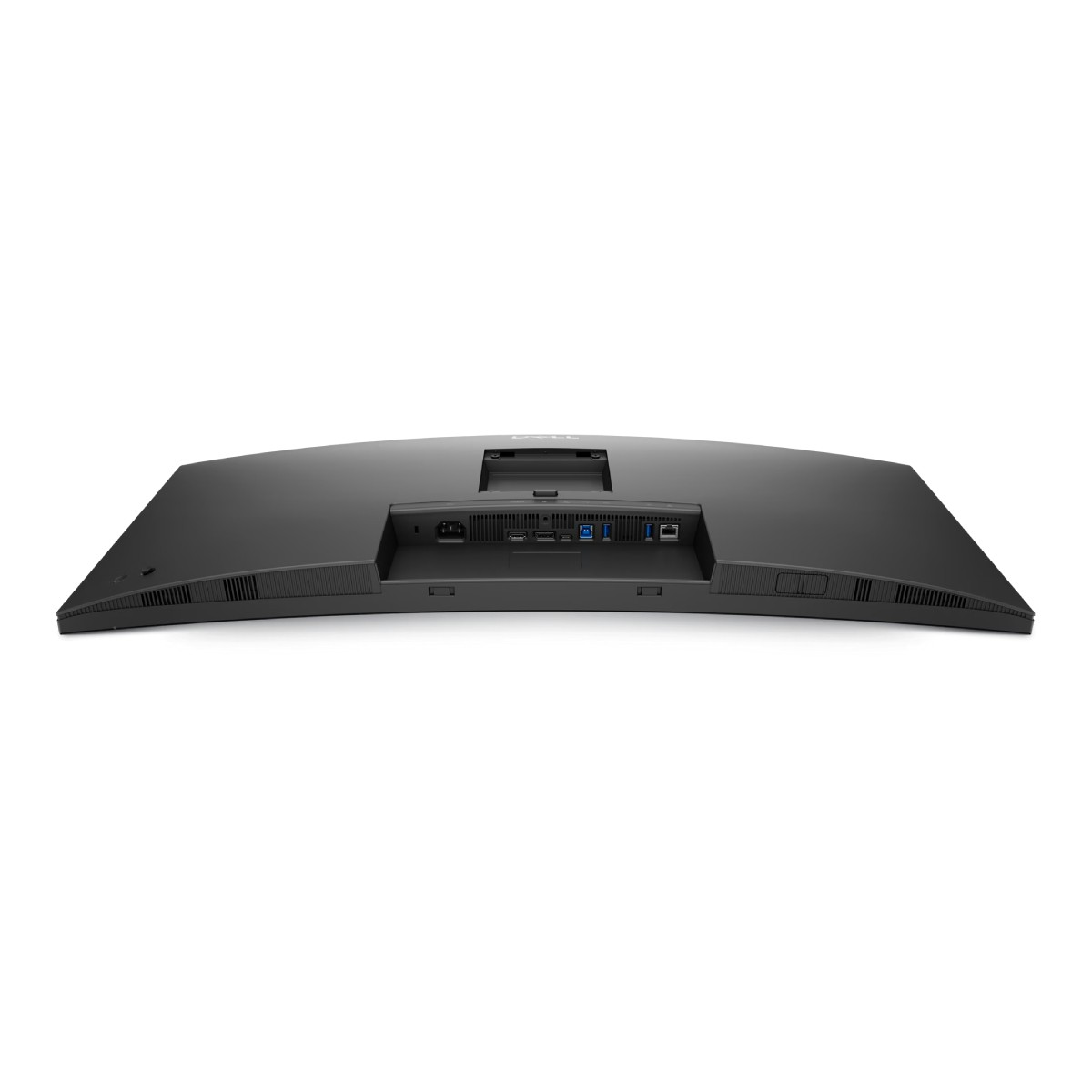 Tył zakrzywionego czarnego monitora z portami zasilania, HDMI i USB.