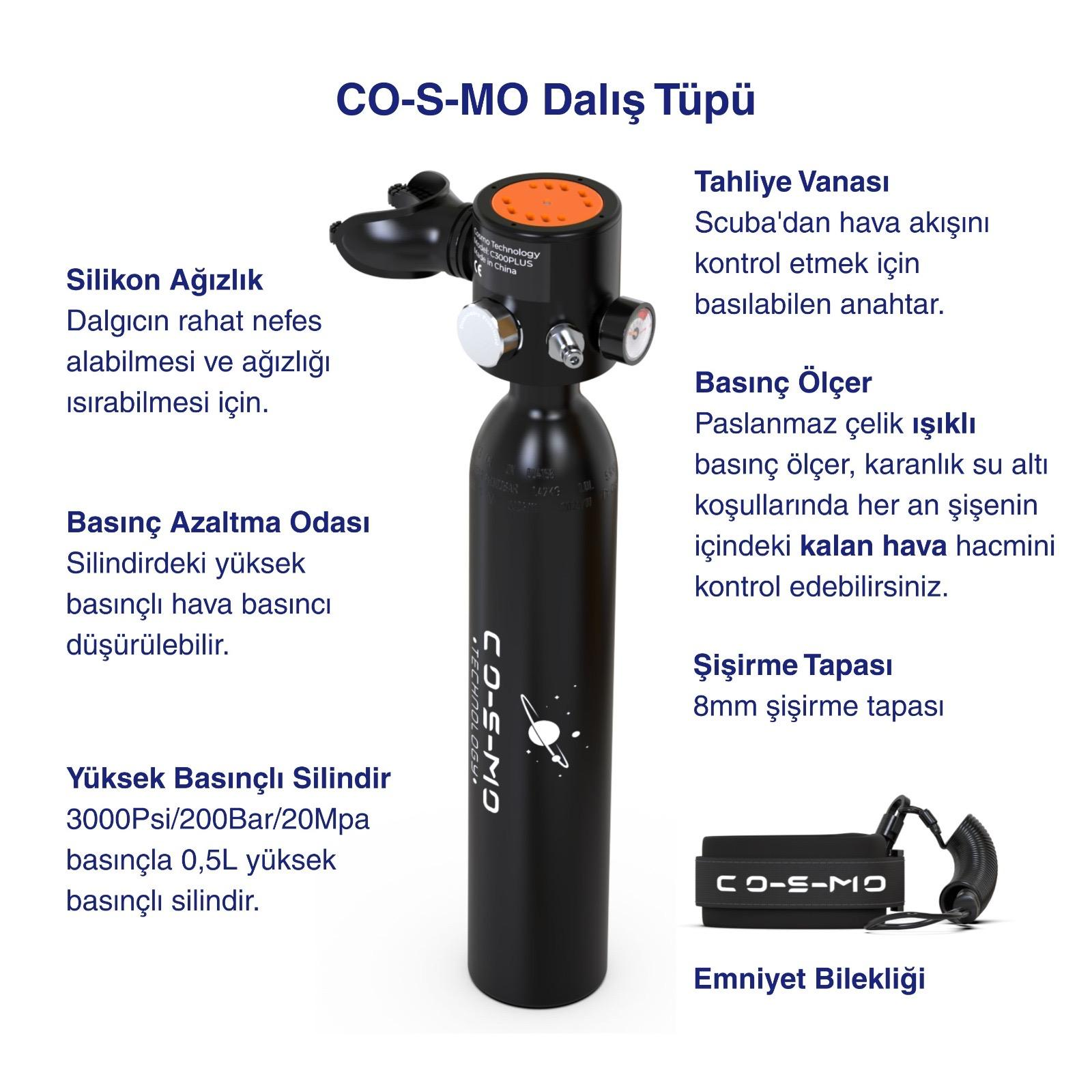 Turuncu regilatörlü ve gümüş detaylı siyah dalış tüpü.
