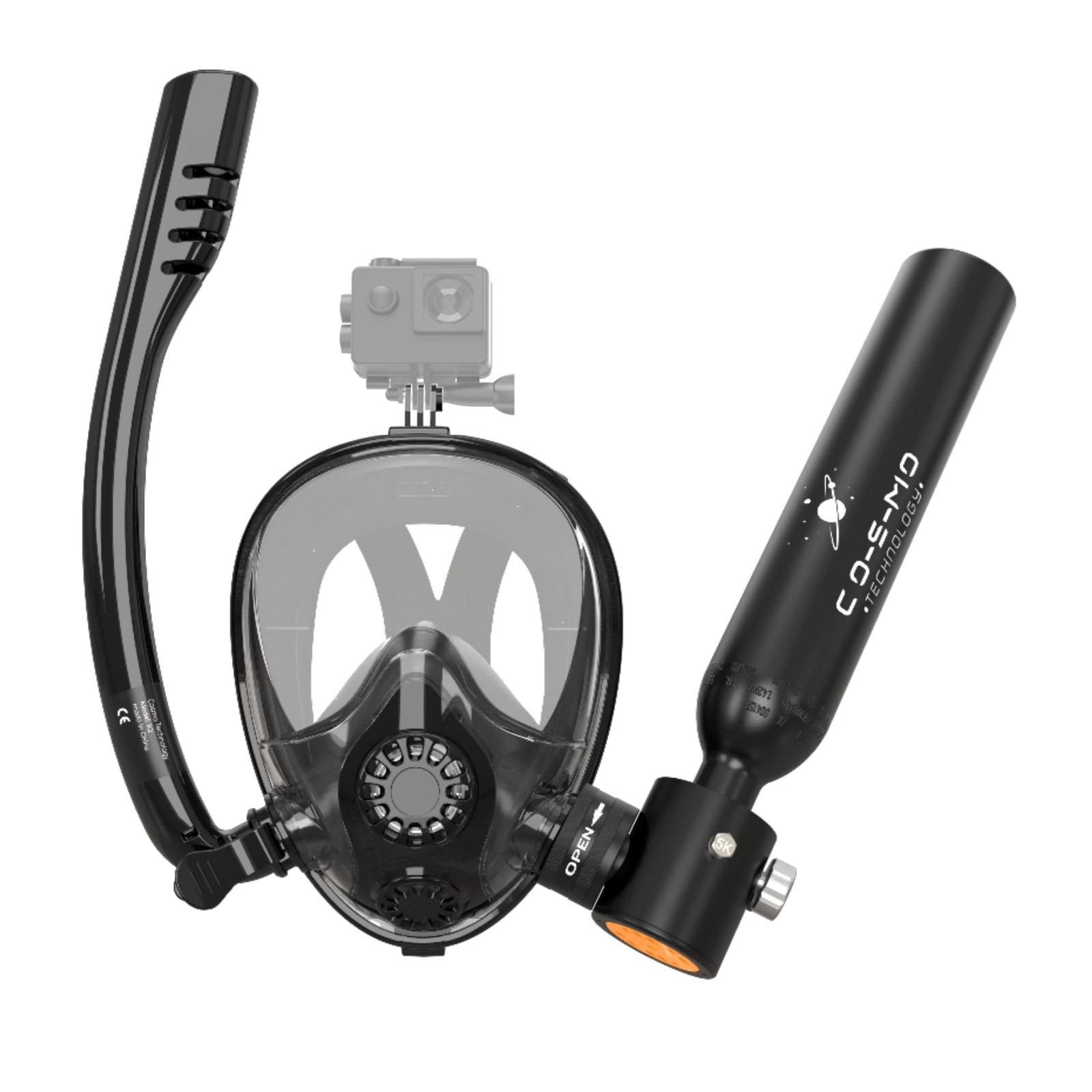 Şnorkel, GoPro yuvası ve oksijen tüpü bulunan siyah tam yüz dalış maskesi.