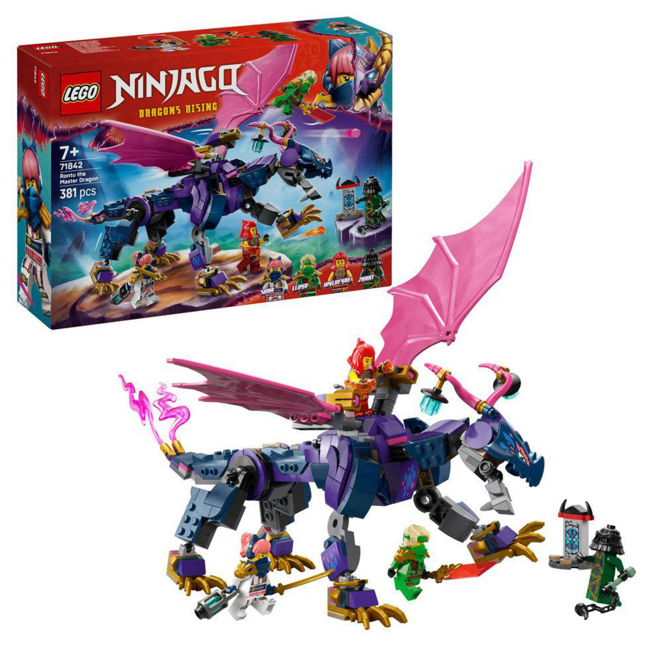 Set LEGO Ninjago con drago viola, minifigure e scatola del prodotto.