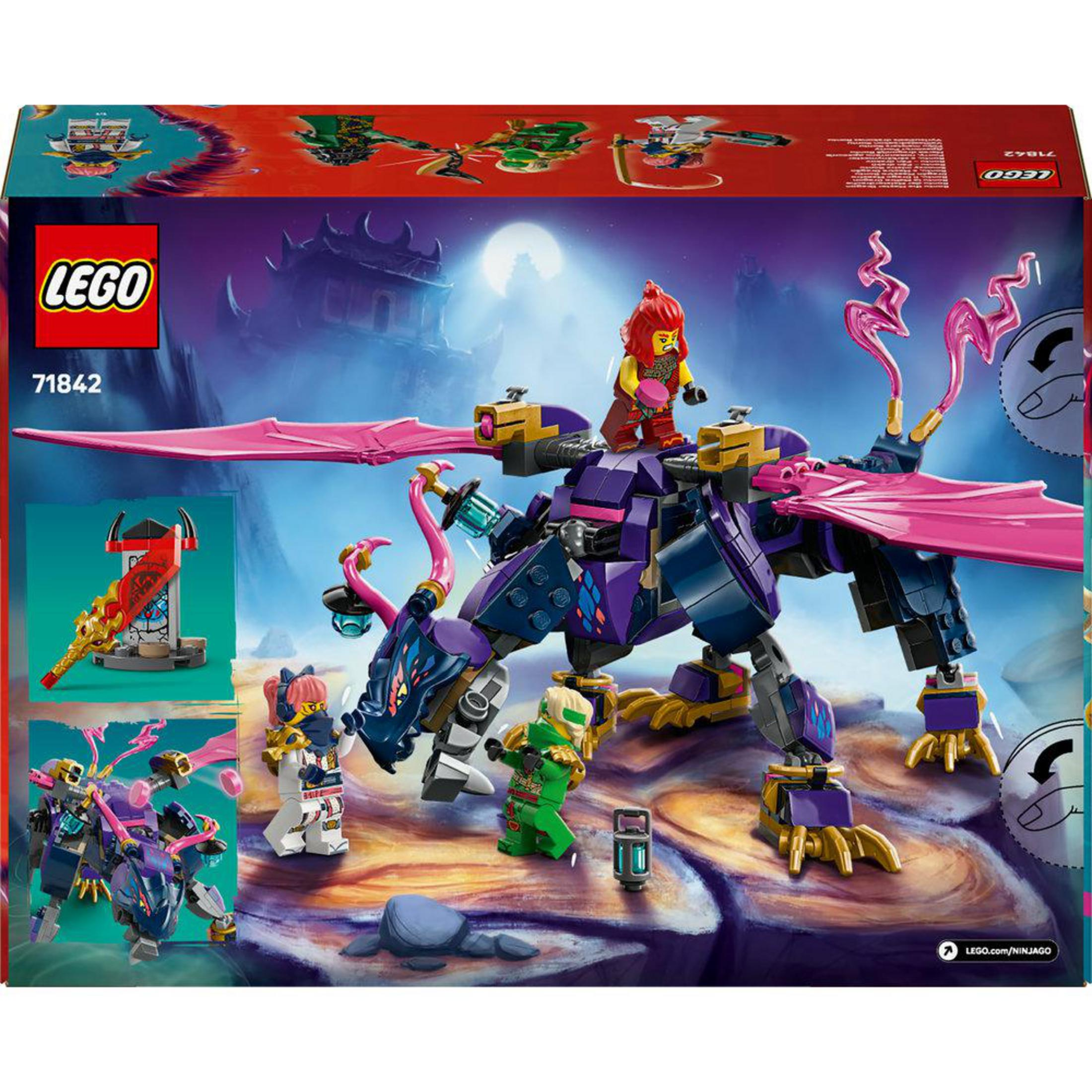 Set LEGO Ninjago con drago viola, figure e armi.