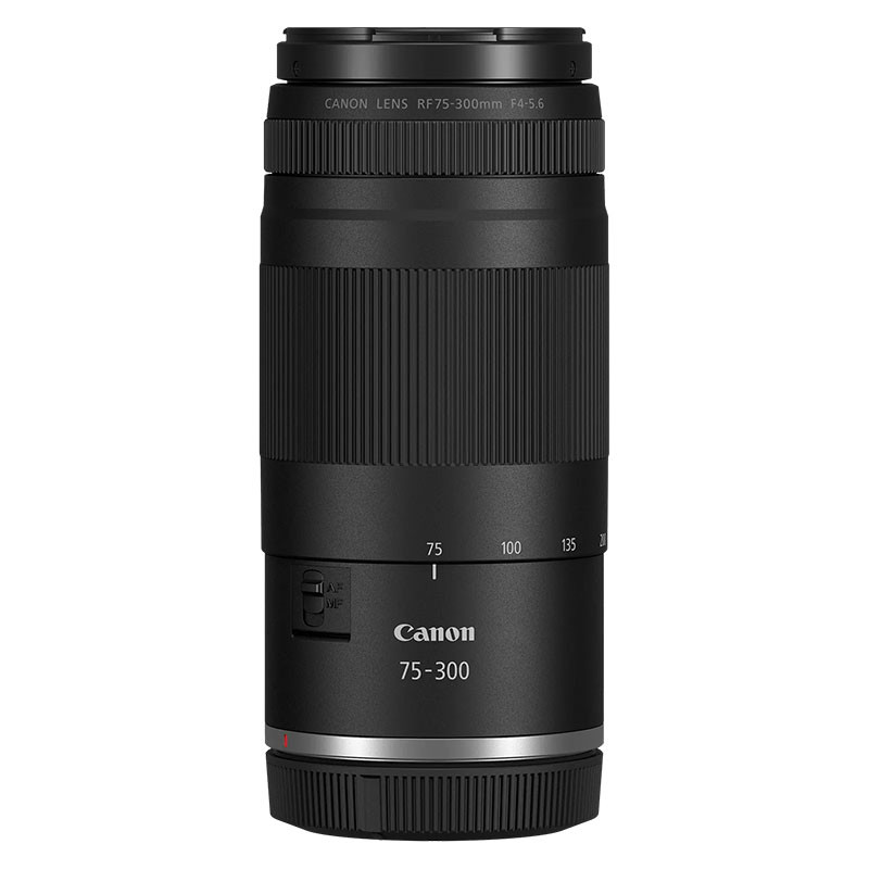 Lente Canon RF 75-300mm F4-5.6 negra con anillo de enfoque y marcas de zoom.