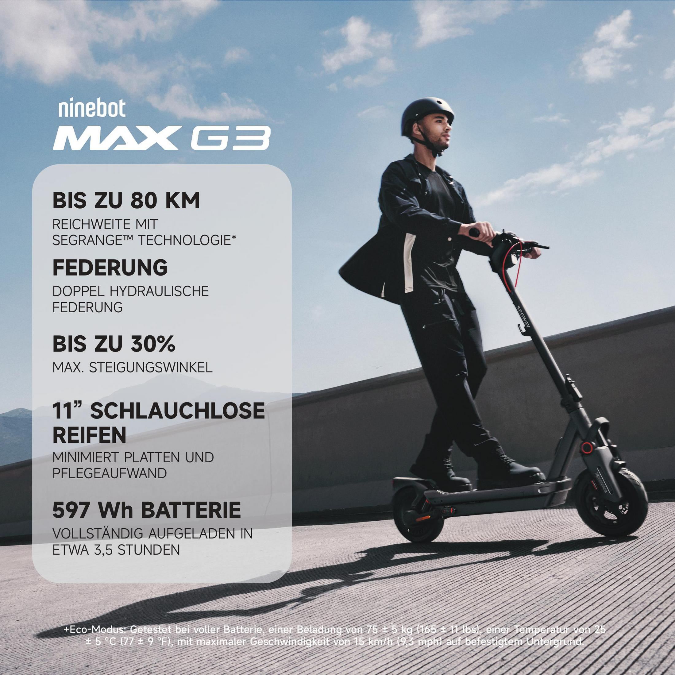 Mann fährt E-Scooter mit Ninebot Max G3 Logo und technischen Daten.