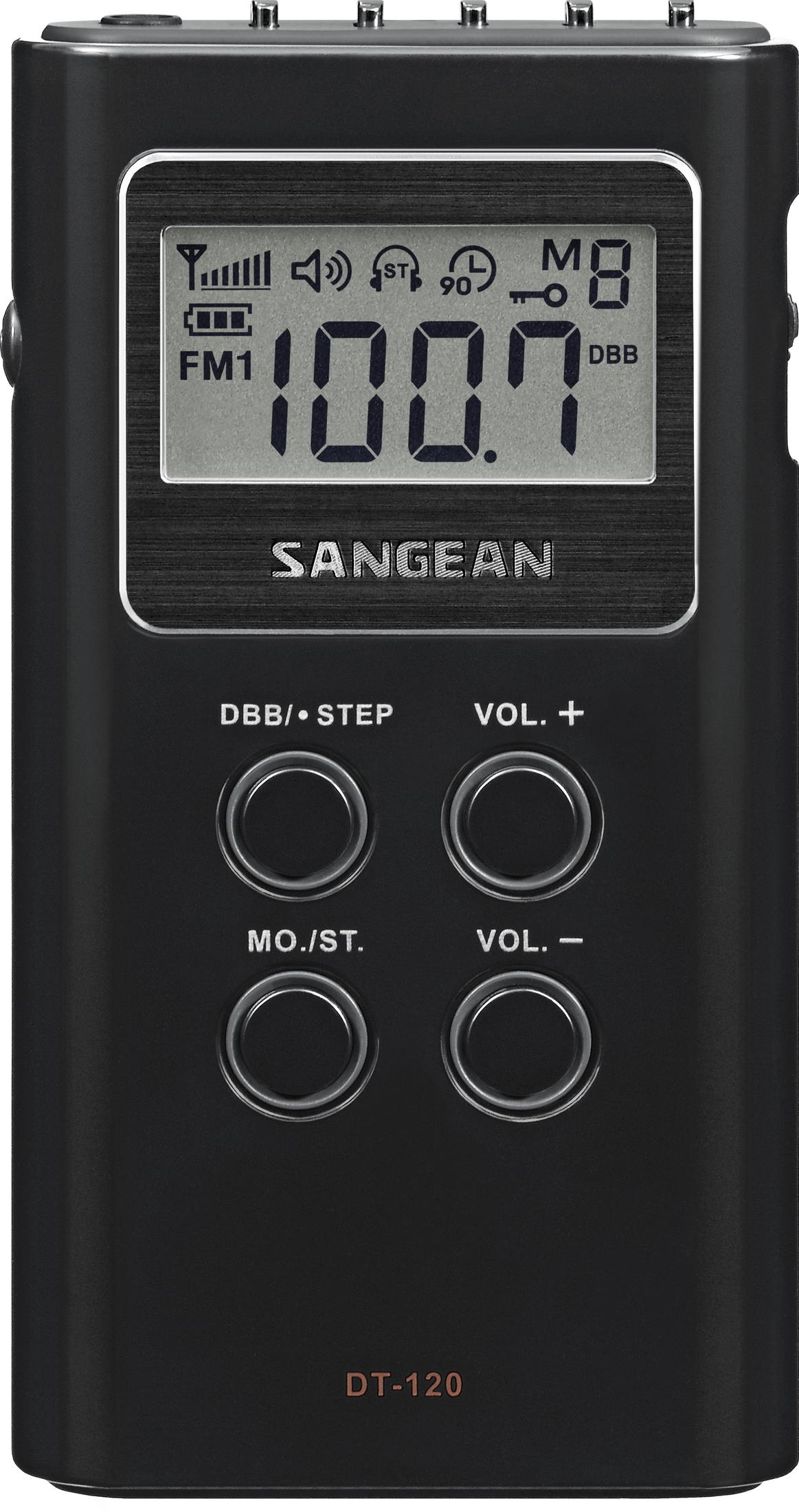 Radio Sangean DT-120 nera con display digitale che mostra 100.7 FM.