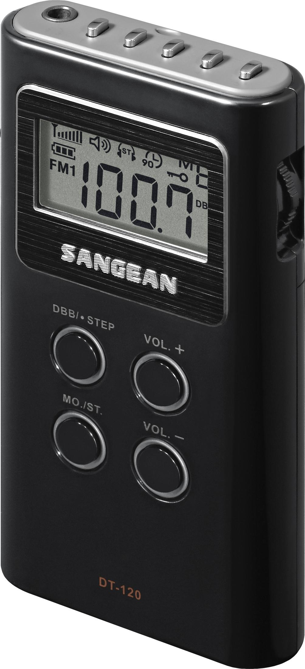 Radio Sangean DT-120 nera con schermo LCD che mostra 100.7 FM1.