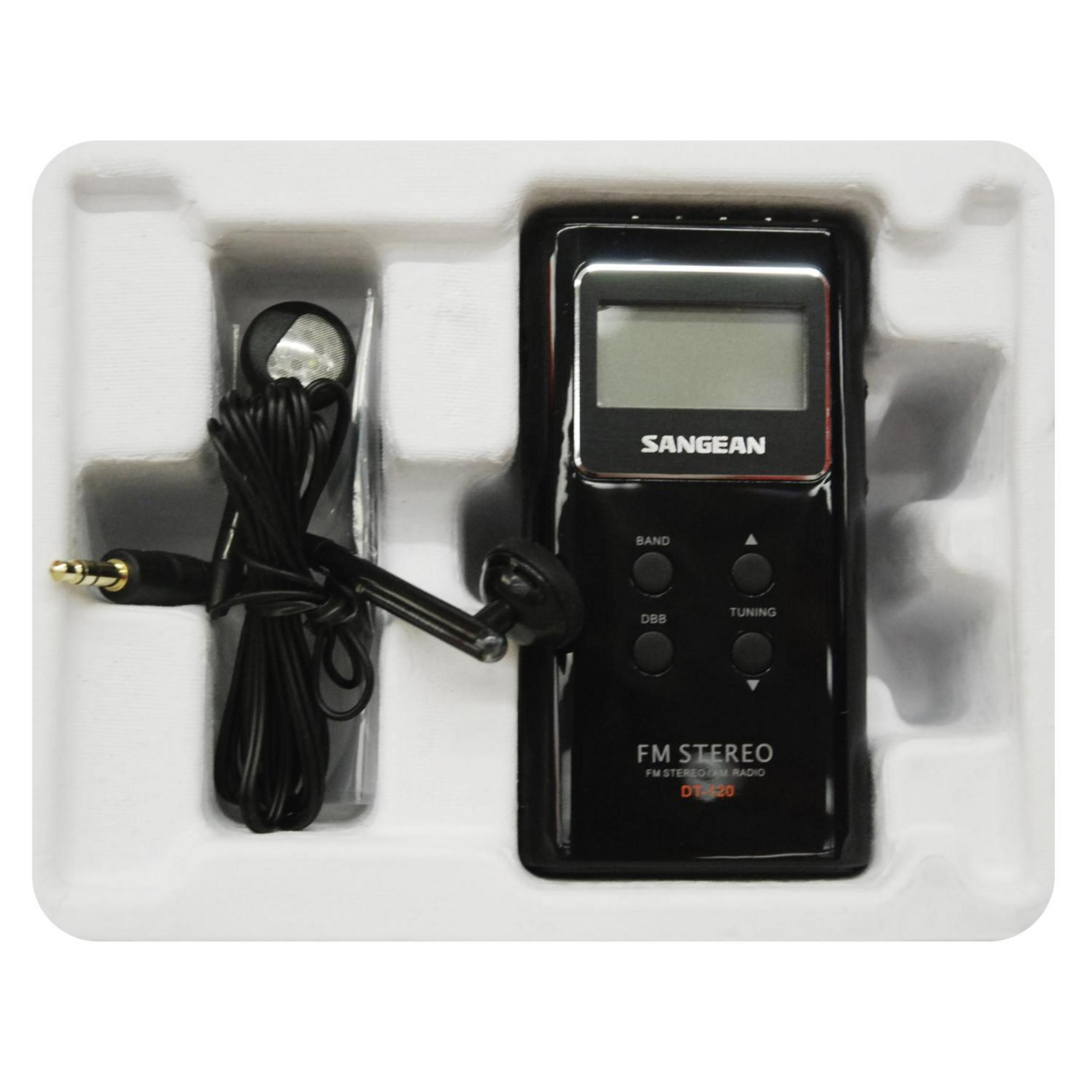 Radio stereo FM Sangean nera DT-20 con auricolari in confezione bianca.