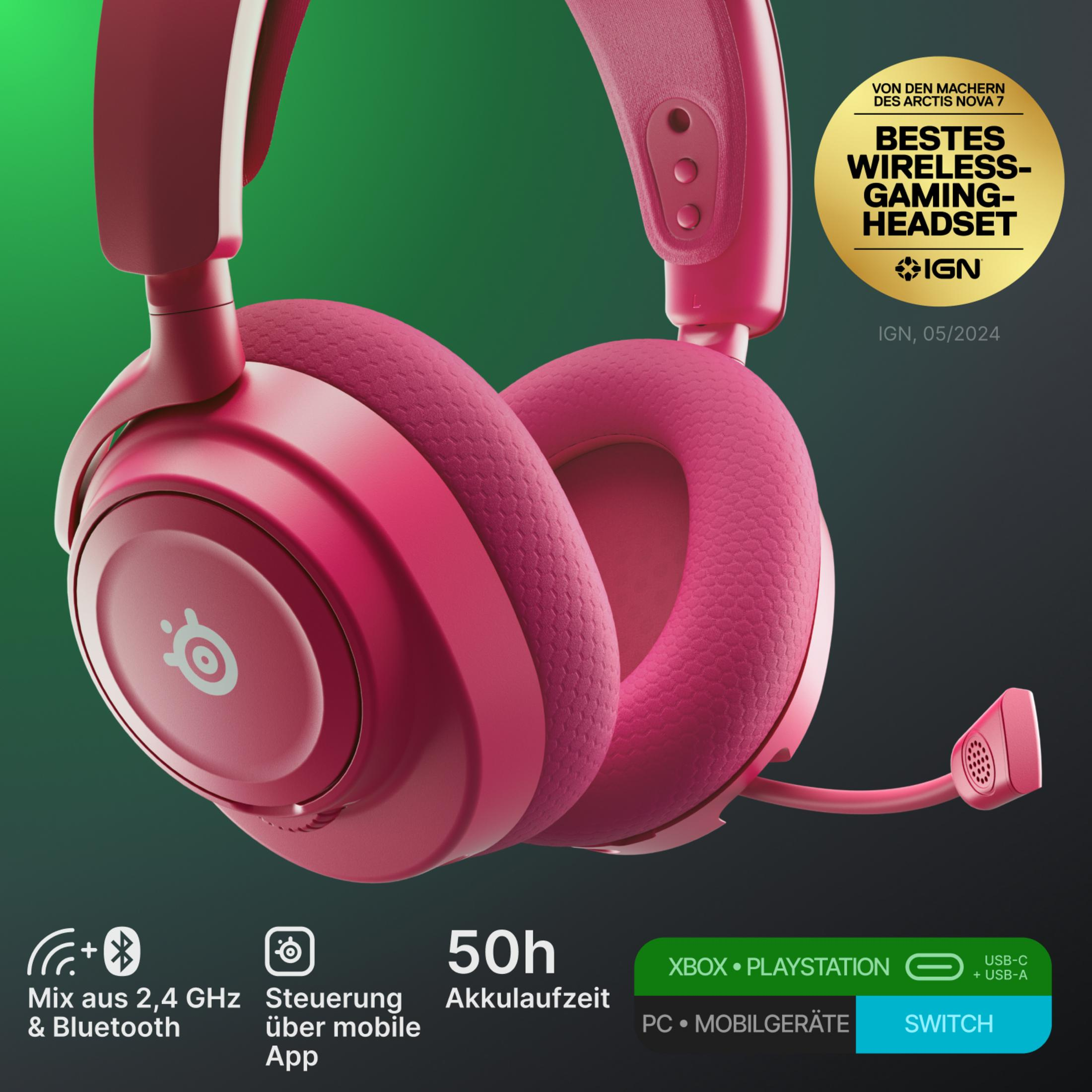 Ein pinkes Gaming-Headset mit Mikrofon und einem IGN Award-Siegel.