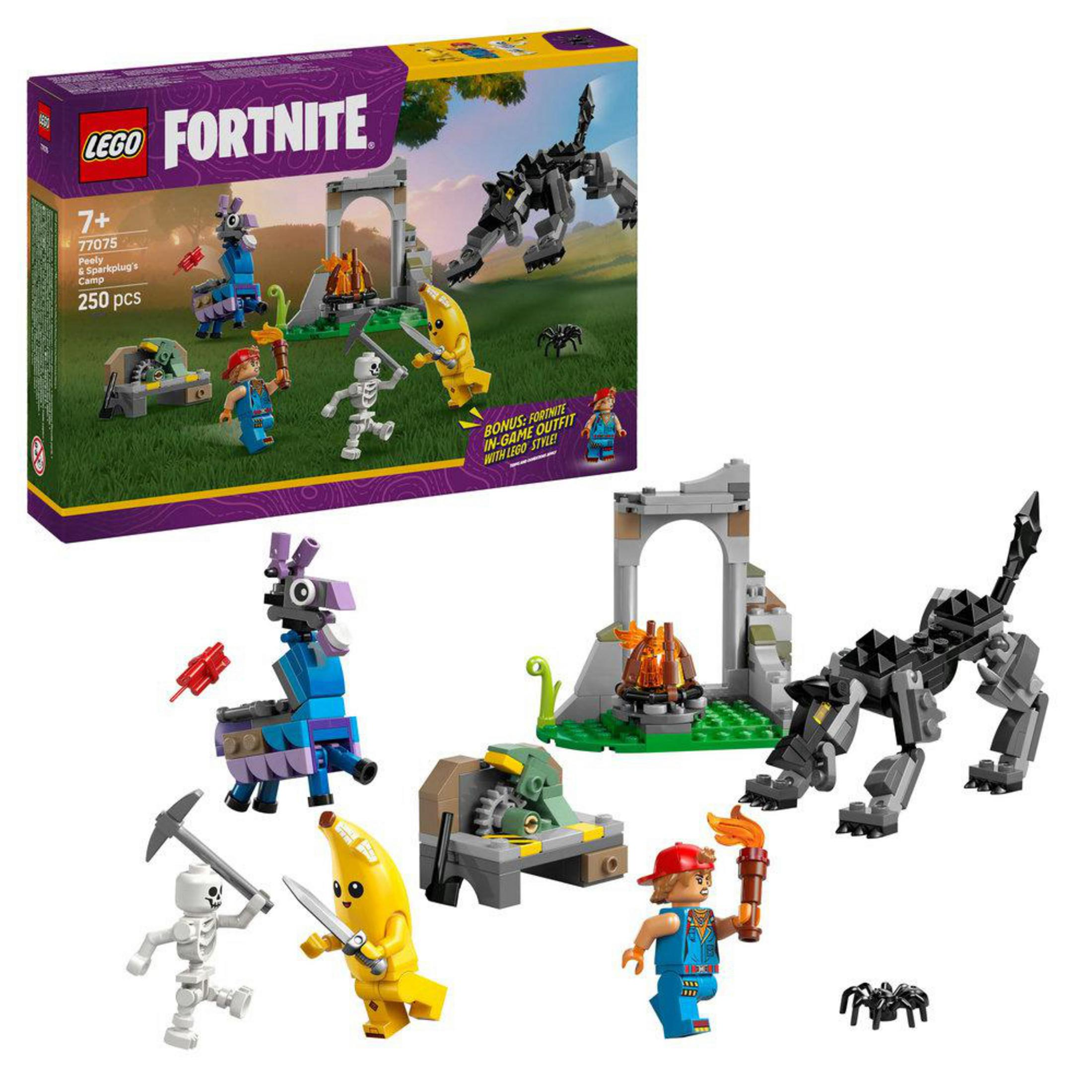 Set LEGO Fortnite con figure, un lupo, un lama e una scena di falò.