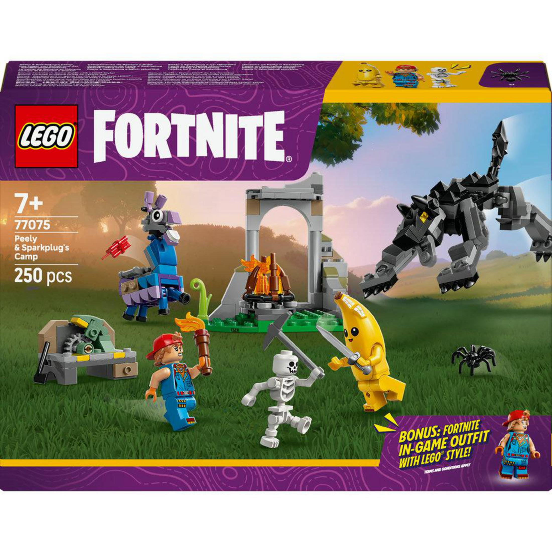Set Lego Fortnite con figure, lama blu, scheletro, banana e dinosauro nero.