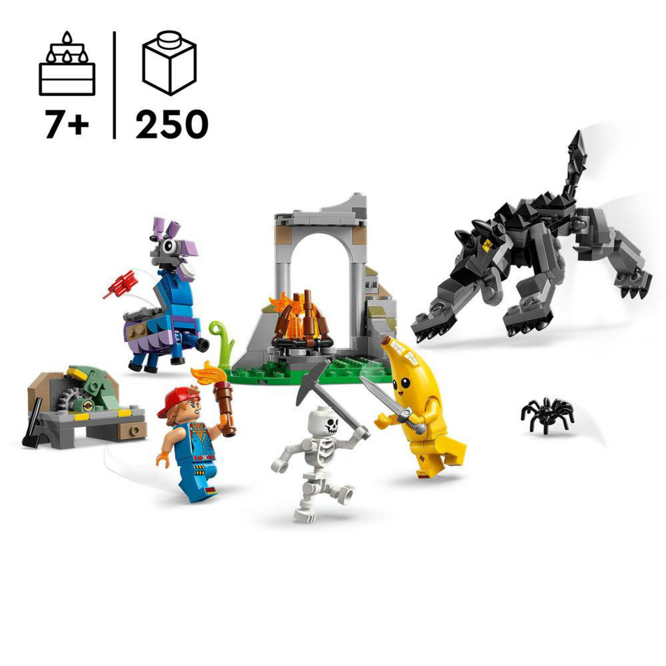 Set LEGO con figure: scheletro, banana, lama, lupo, uomo, ragno, sega, falò.