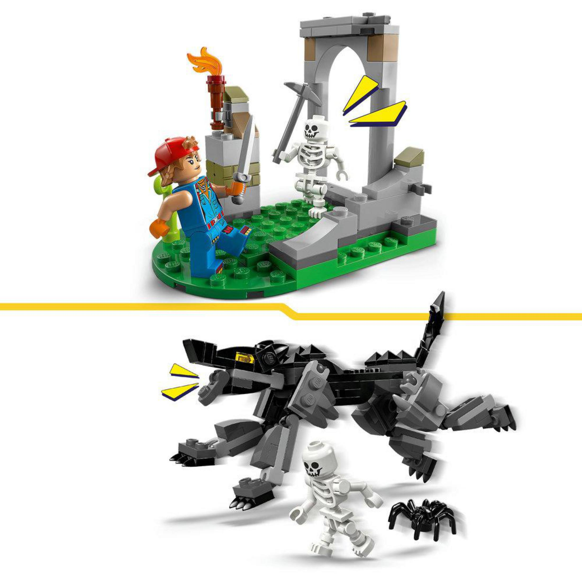 Un cavaliere Lego combatte uno scheletro davanti a un arco. Sotto, un lupo Lego attacca uno scheletro e un ragno.
