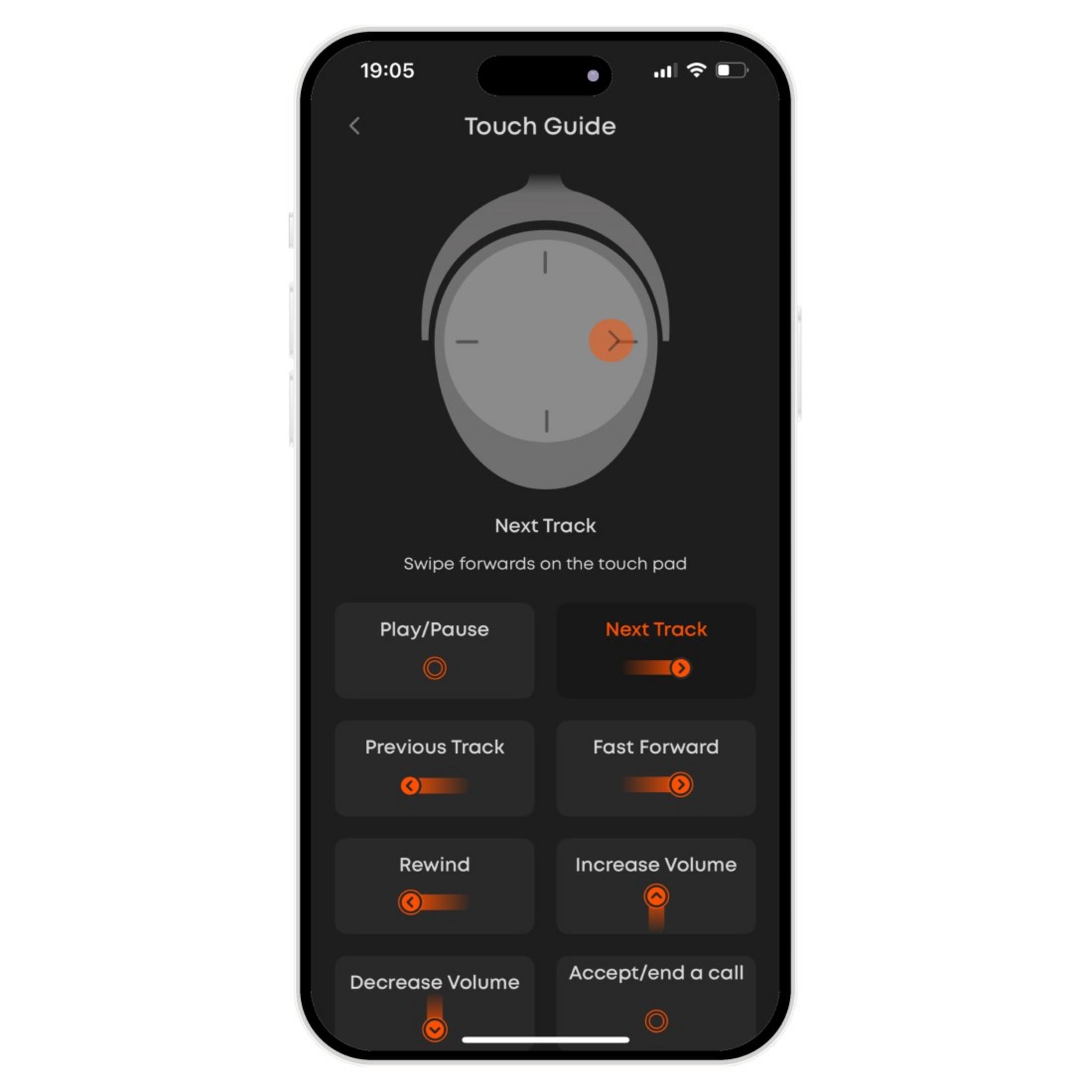 Una guida touch su smartphone mostra le opzioni di riproduzione come la traccia successiva.