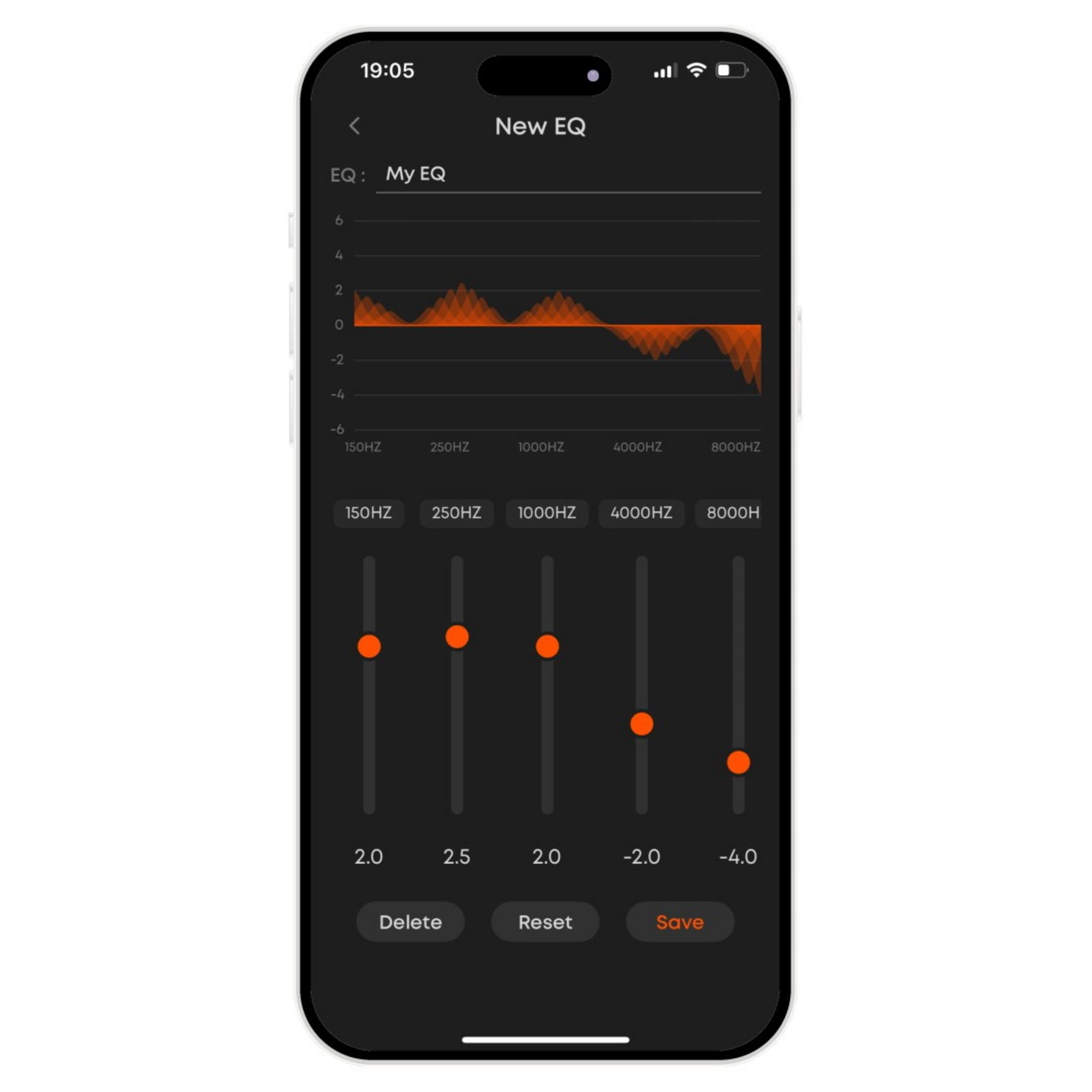 Un'impostazione EQ su uno smartphone che mostra slider e una curva di frequenza.