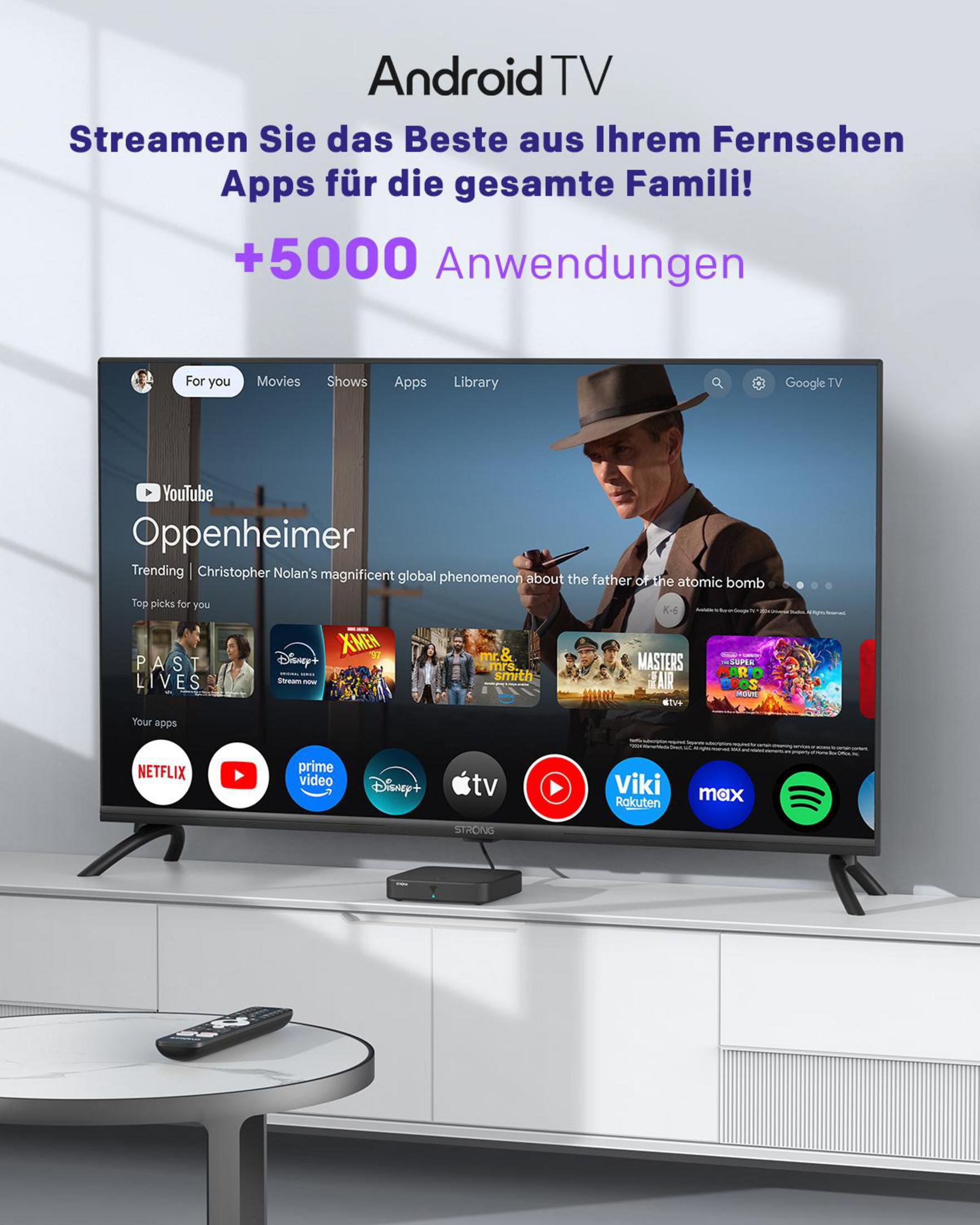 Android TV con apps: Oppenheimer, Netflix, Disney+, X-Men, Prime Video, Viki, Max, Spotify.