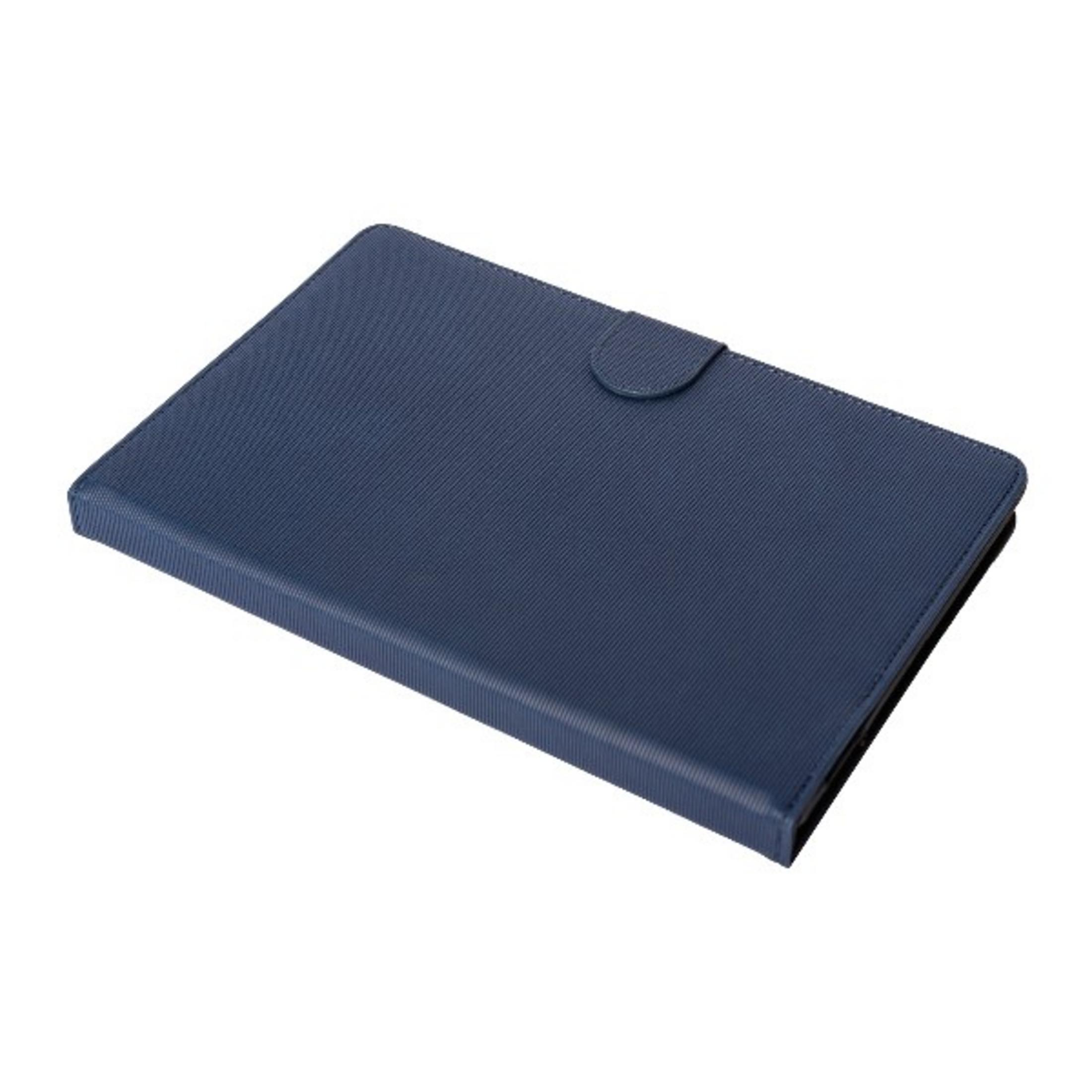 Funda azul marino para tableta con superficie texturizada y un pequeño cierre.