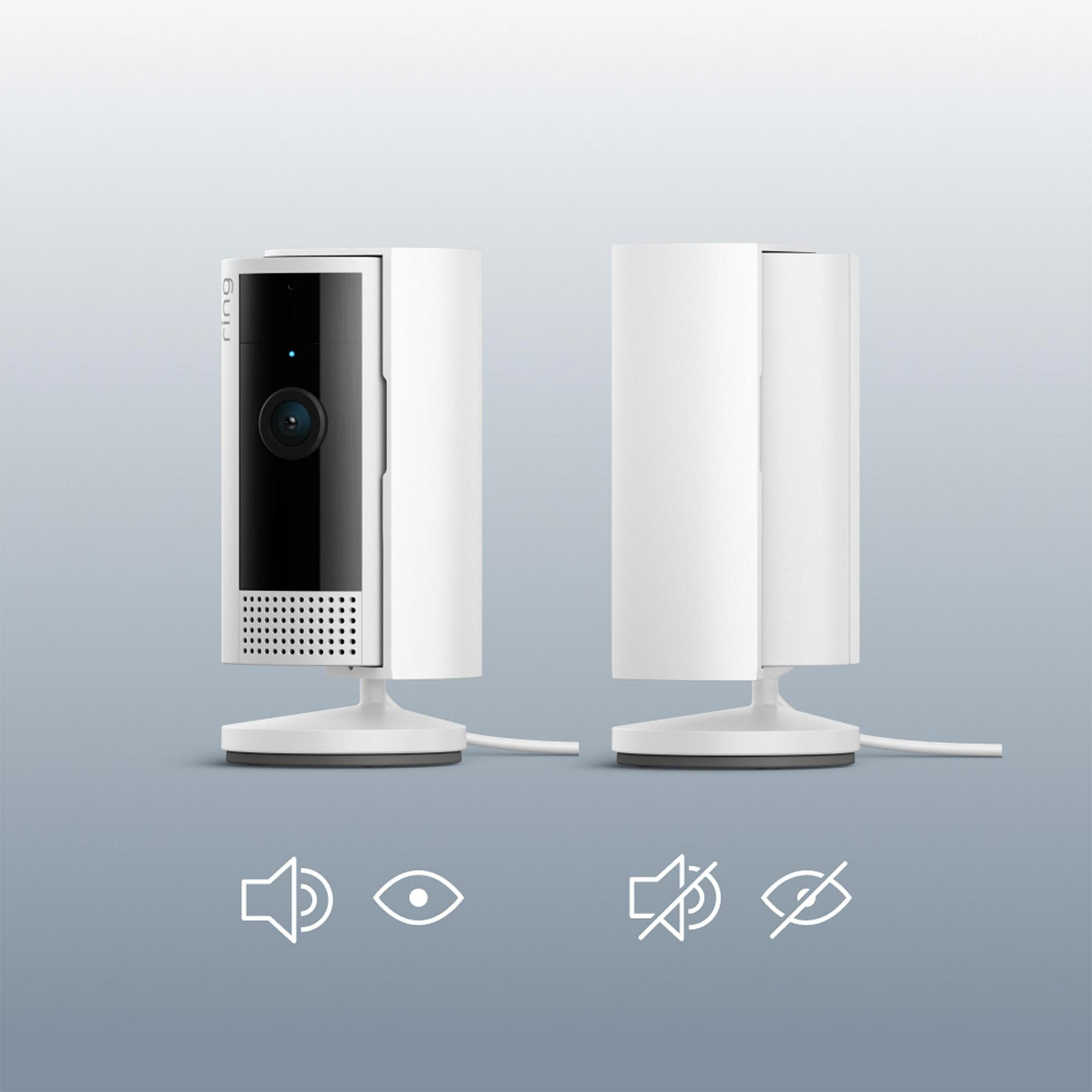 Dos cámaras Ring blancas mostrando lente y rejilla de altavoz. Iconos de sonido, ojo, silencio e invisible.
