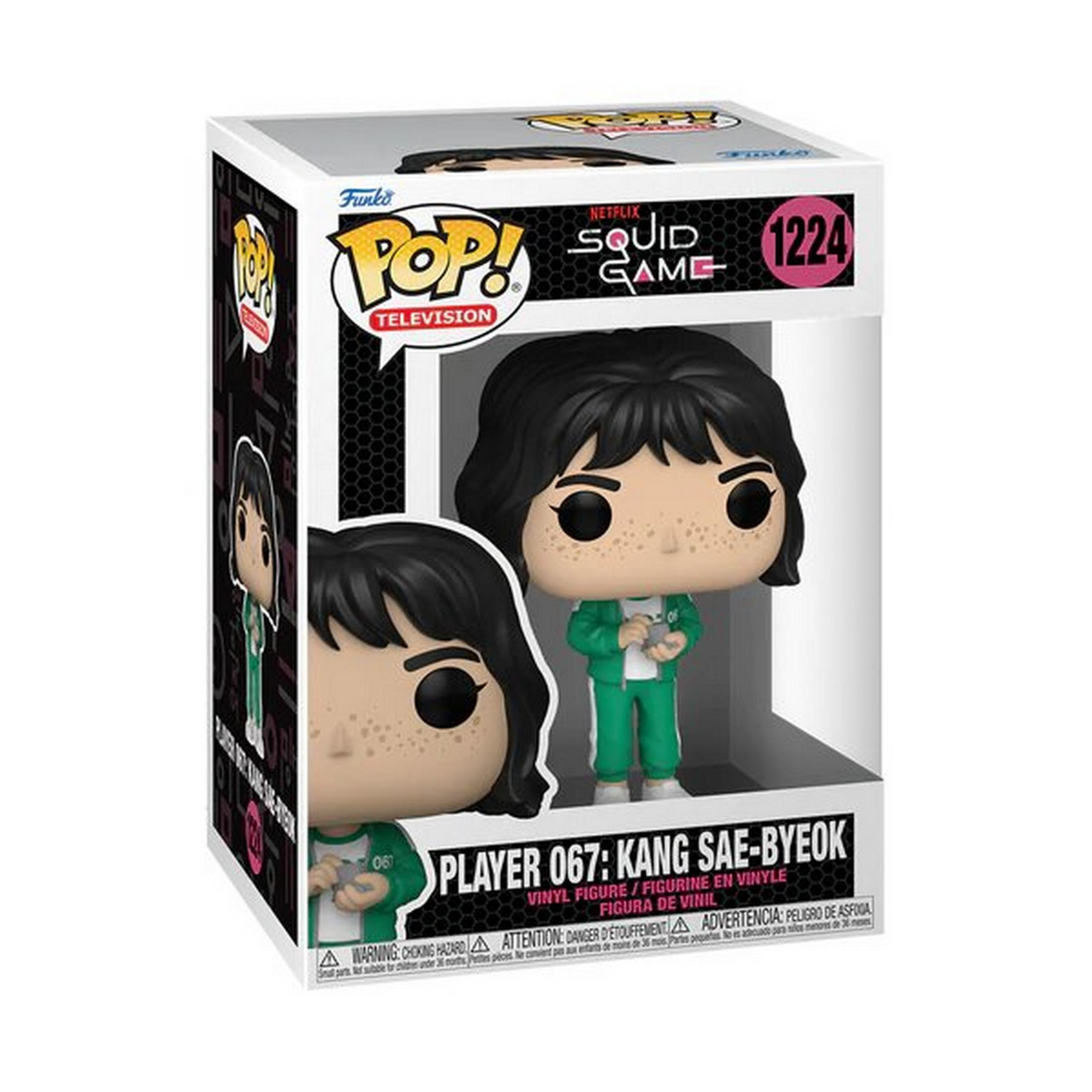 Action figure Funko Pop! di Kang Sae-byeok di Squid Game in uniforme verde.