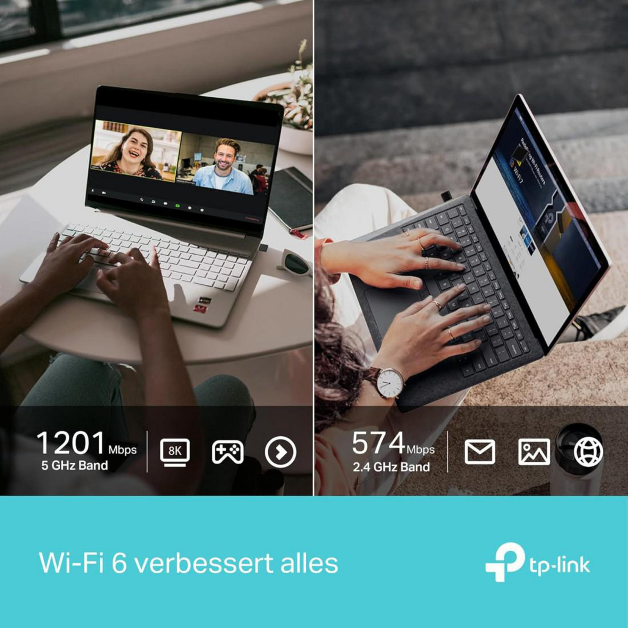 Dos portátiles muestran videollamadas e información de red. Wi-Fi 6 mejora todo.