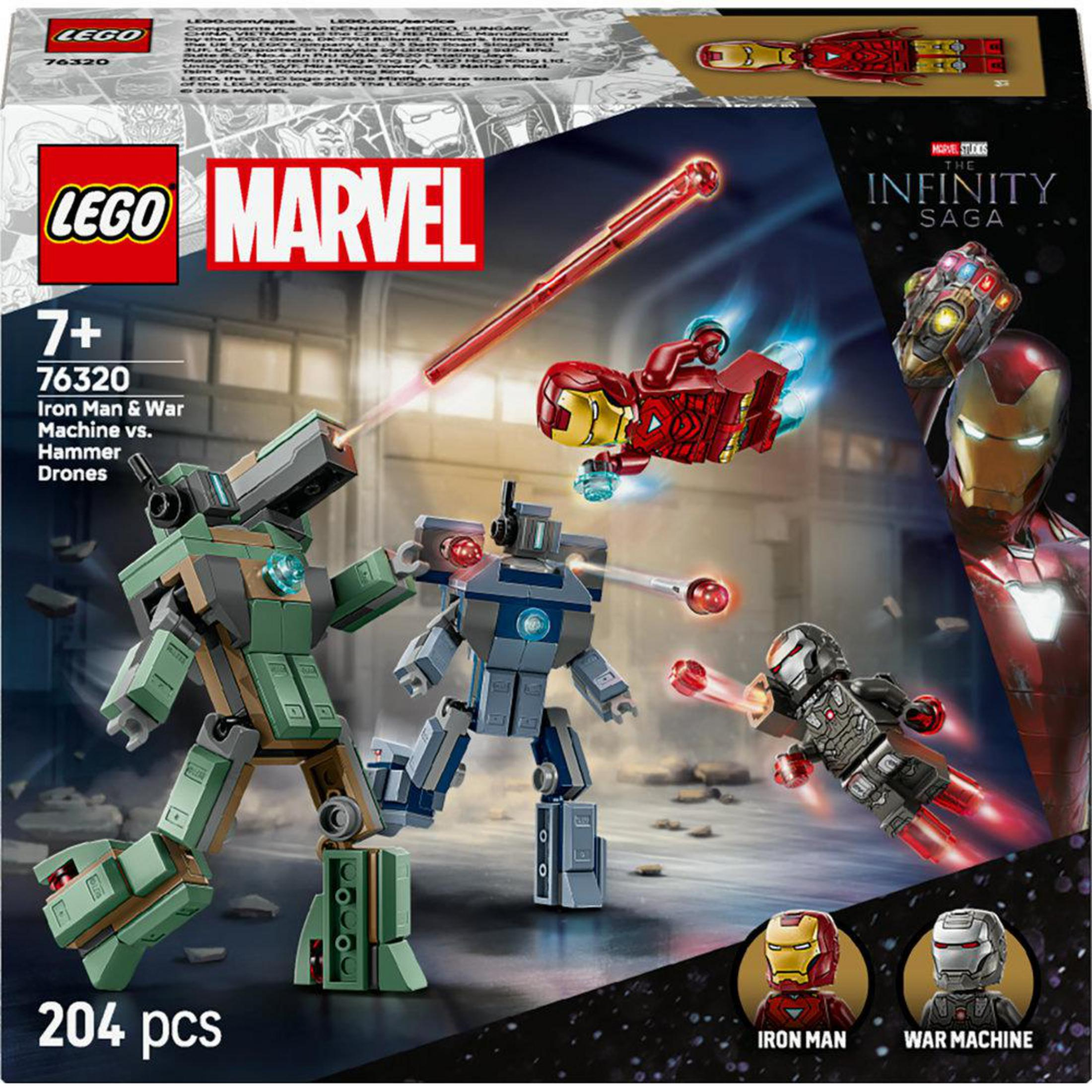 Set Lego Marvel: Iron Man, War Machine e droni combattono. Include Guanto dell'Infinito.