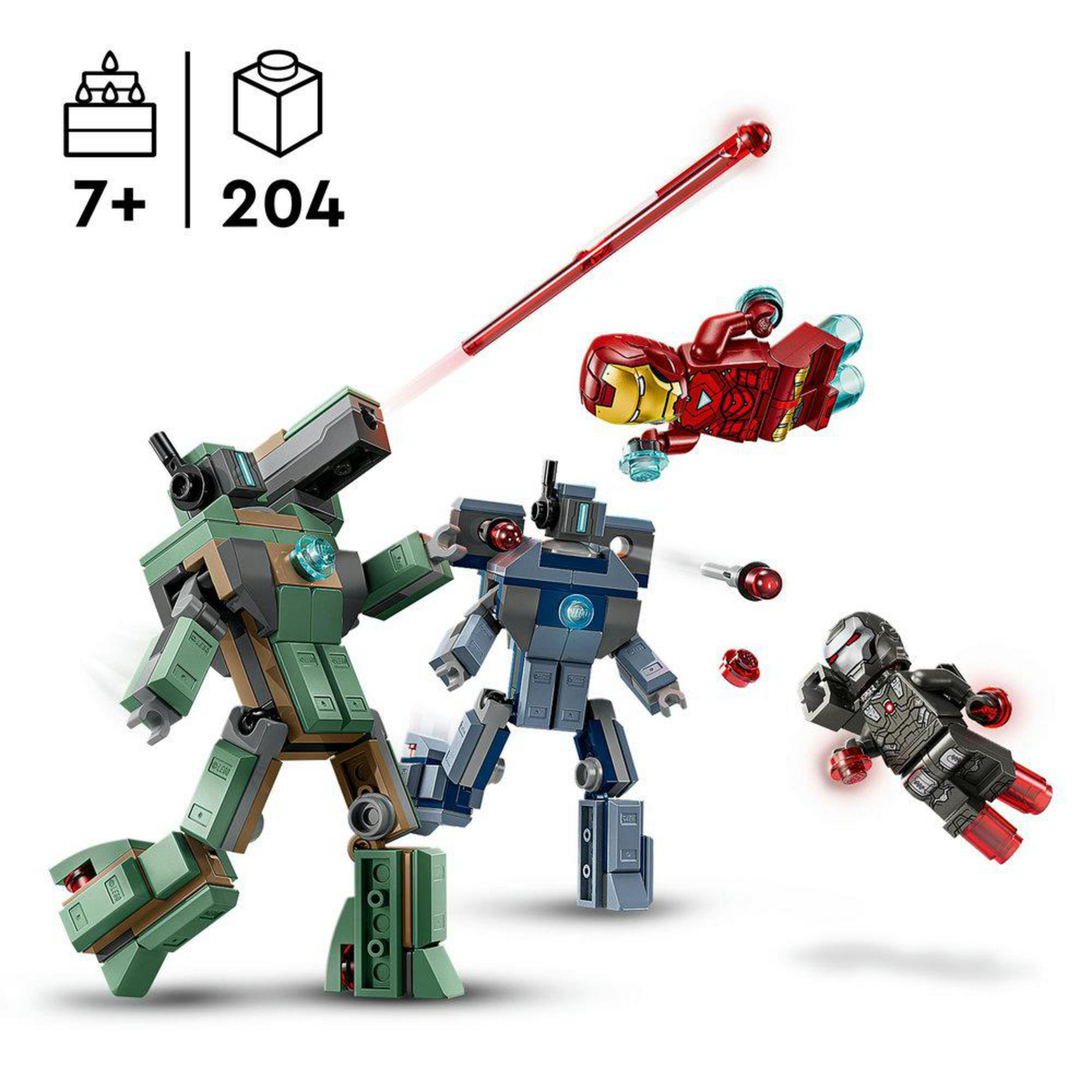 Tre mech Lego e Iron Man con laser rossi su sfondo bianco.