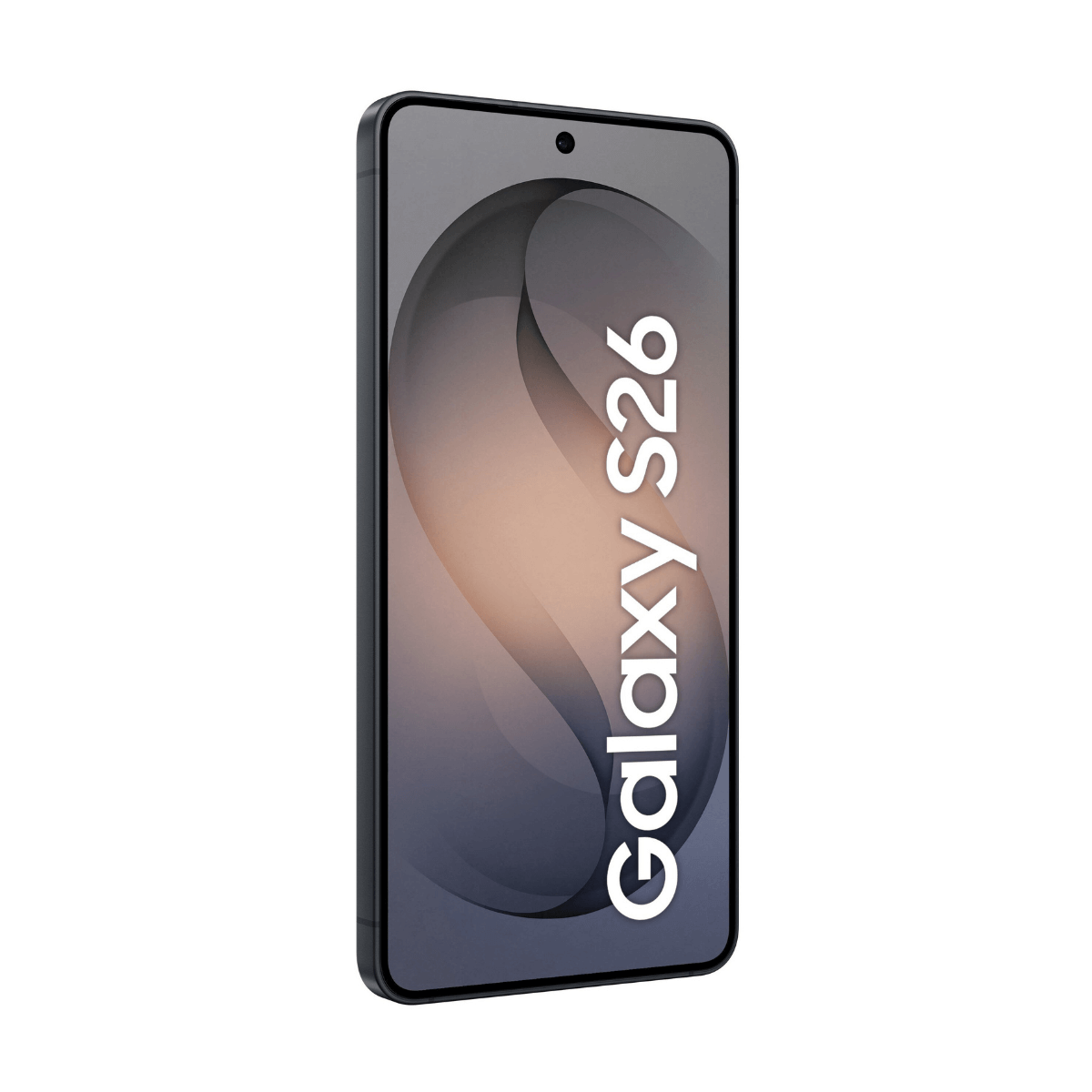 Ein dunkles Smartphone mit dem Text Galaxy S26 auf dem Bildschirm.