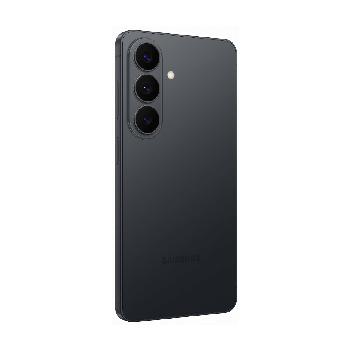 Dunkelgraues Samsung Smartphone mit drei rückseitigen Kameras und Blitz.