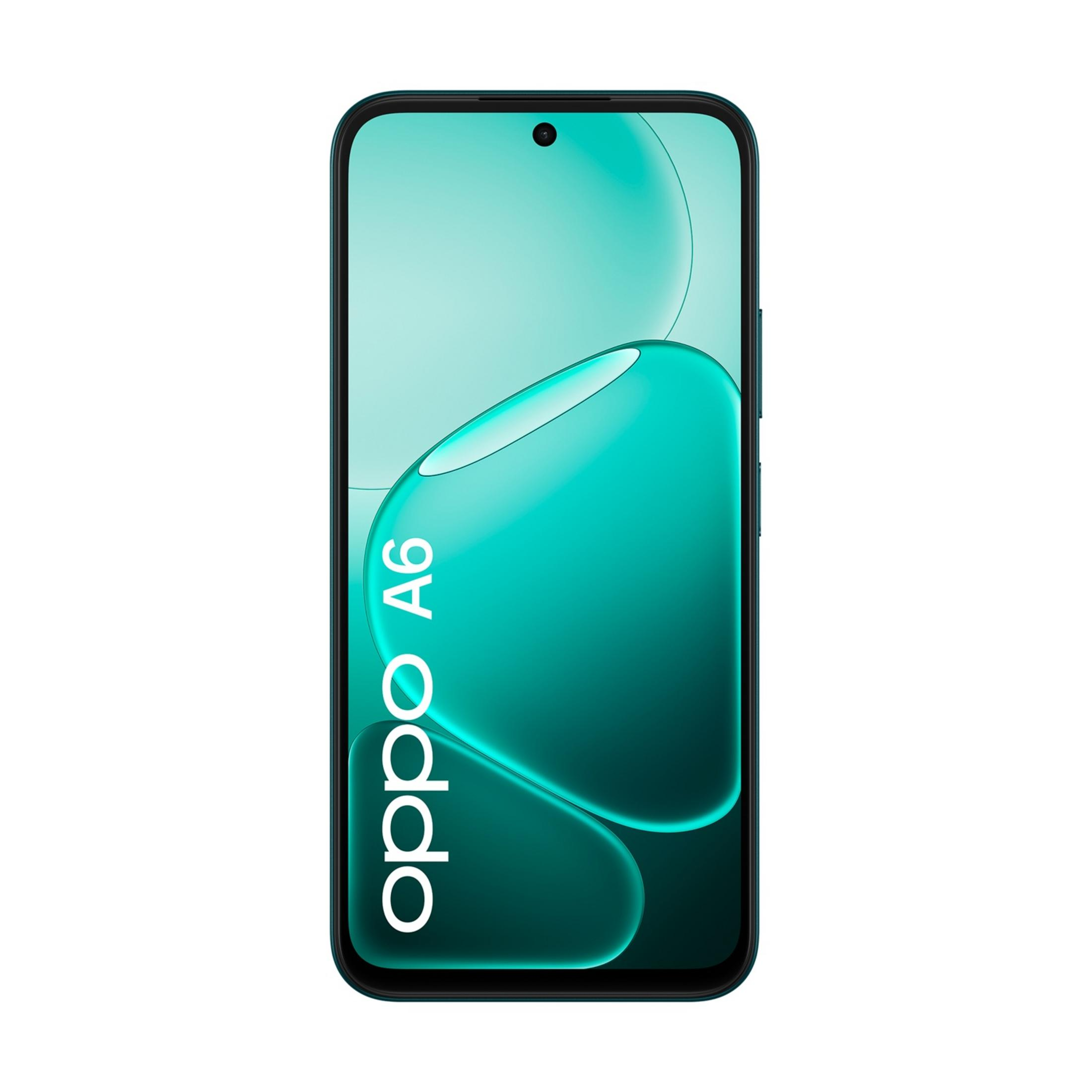 Smartphone Oppo A6 verde scuro con motivo a onde sullo schermo.
