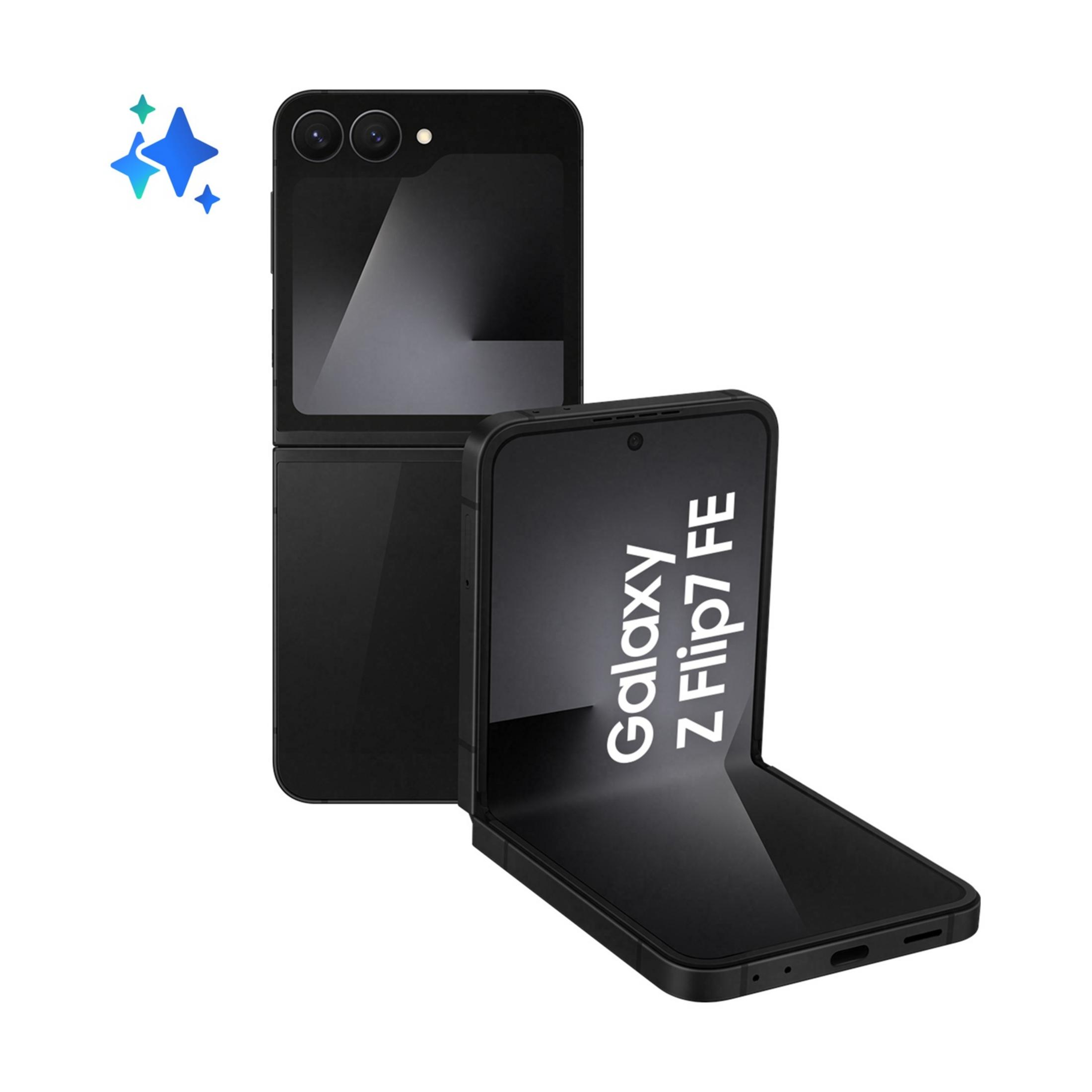 Un smartphone negro abierto que muestra "Galaxy Z Flip7 FE" en la pantalla.