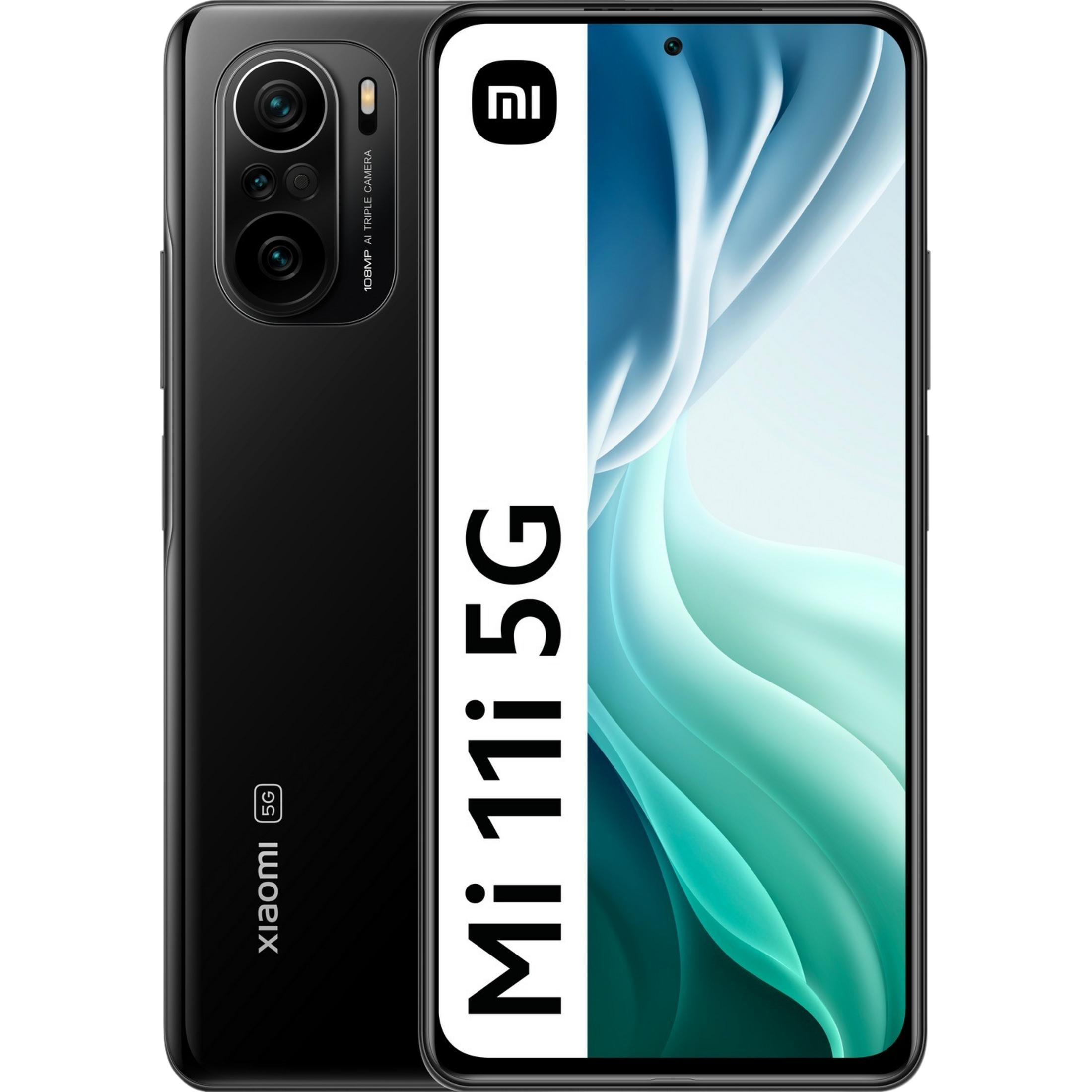 Xiaomi Mi 11 5G nero con tripla fotocamera AI da 108MP e sfondo blu.