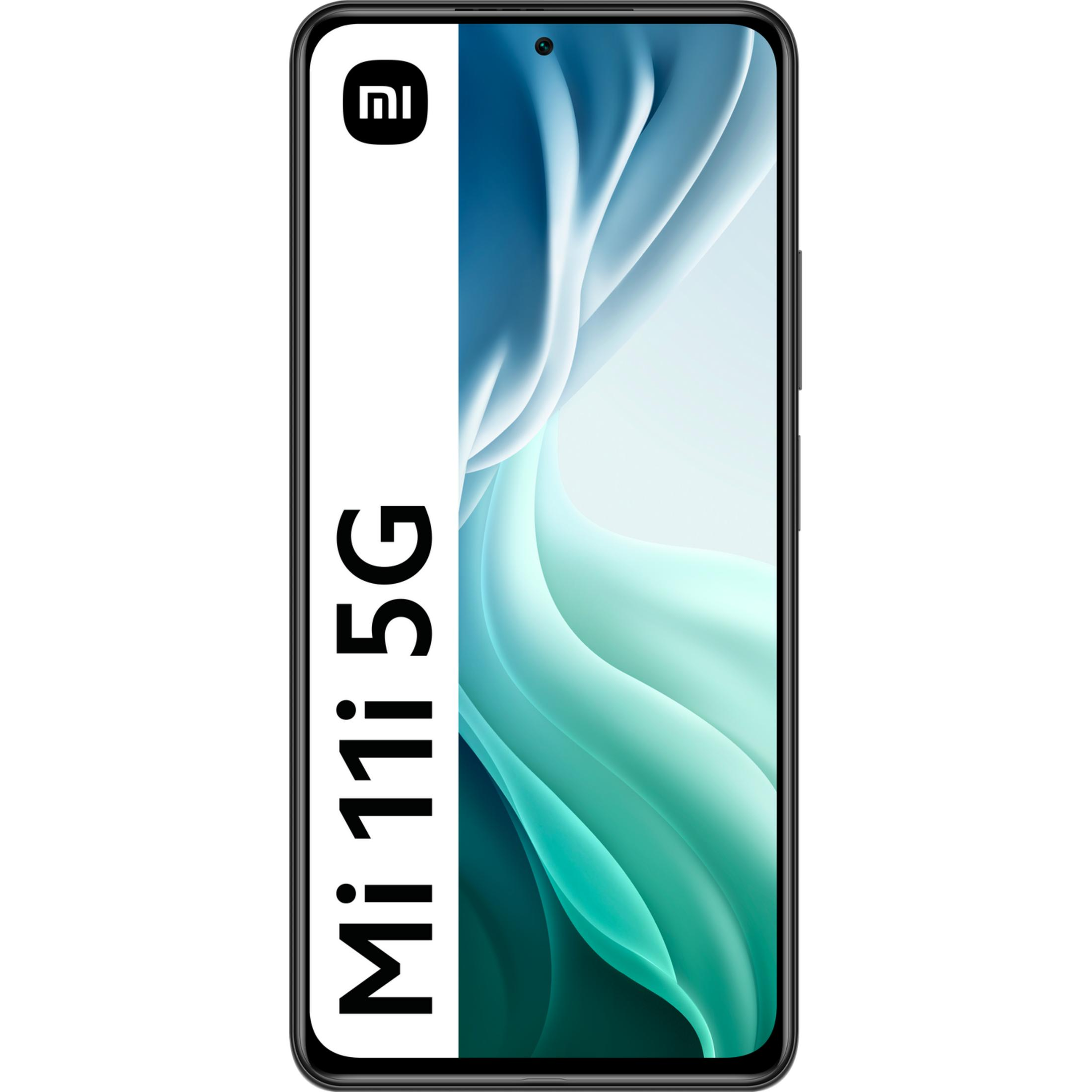 Uno smartphone Xiaomi Mi 11i 5G nero con sfondo blu e verde.
