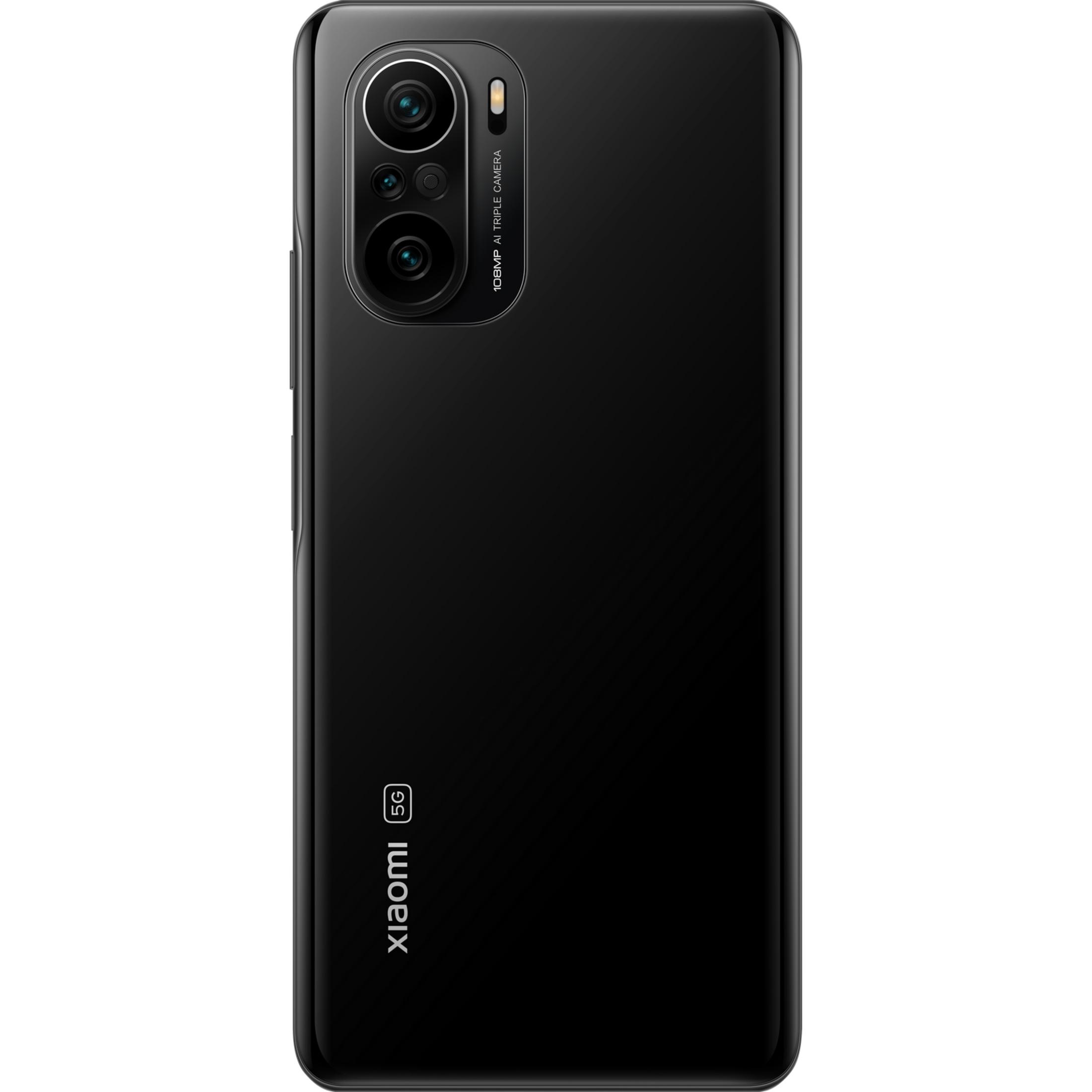 Smartphone nero con tripla fotocamera posteriore e logo 5G.