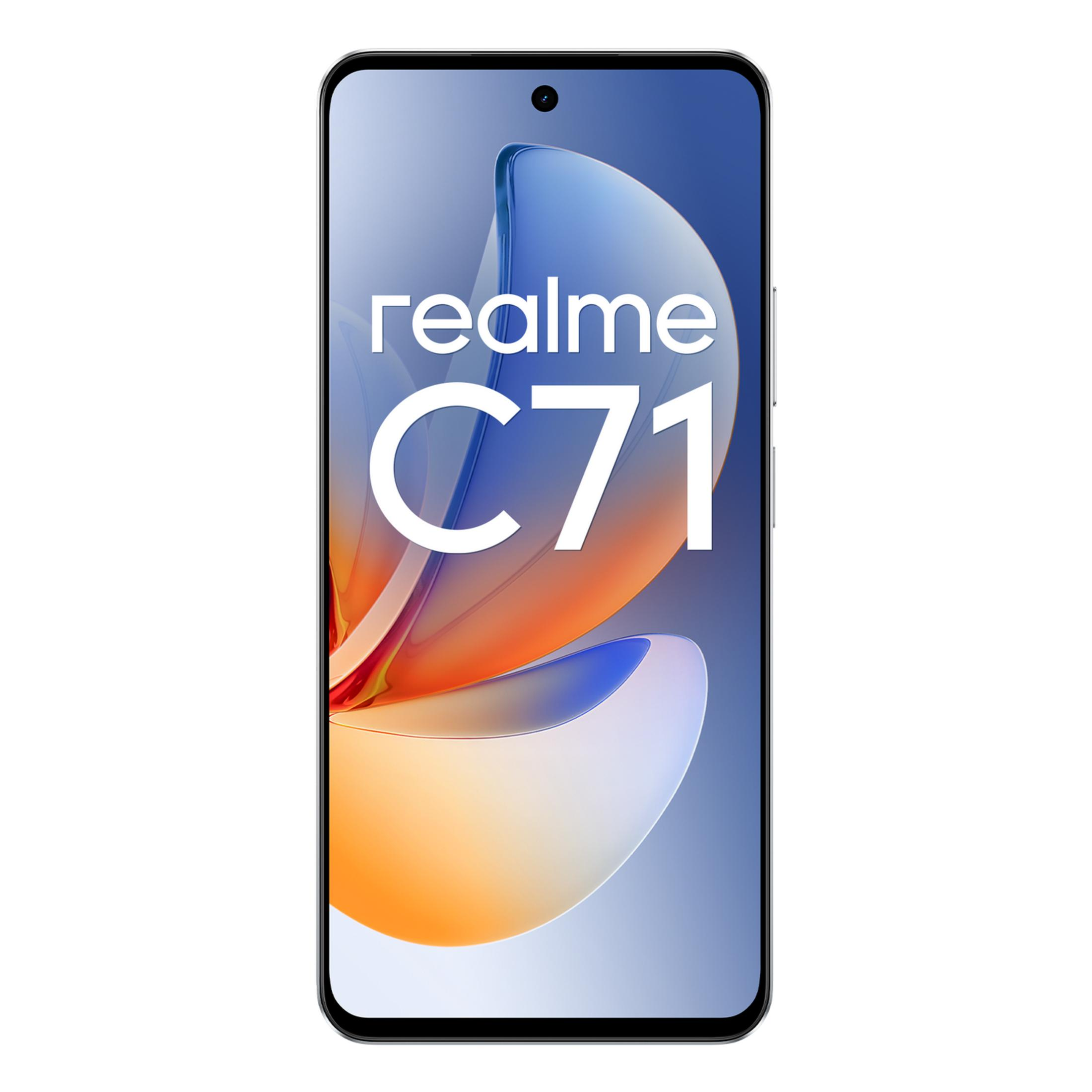 Ein Realme C71 Smartphone mit einem blauen und orangefarbenen Hintergrund.