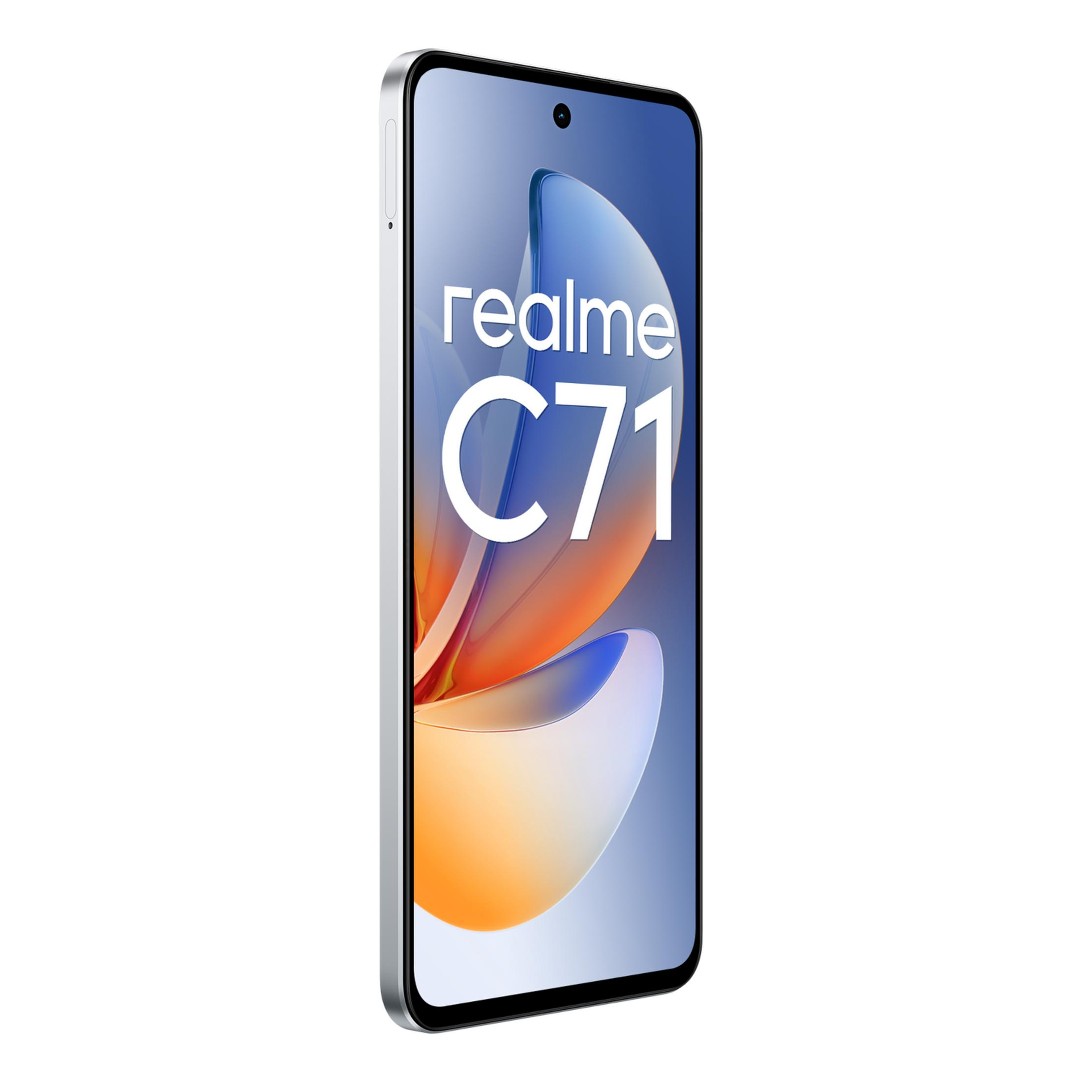 Ein Realme C71 Smartphone mit einem abstrakten Hintergrund in Blau- und Orangetönen.