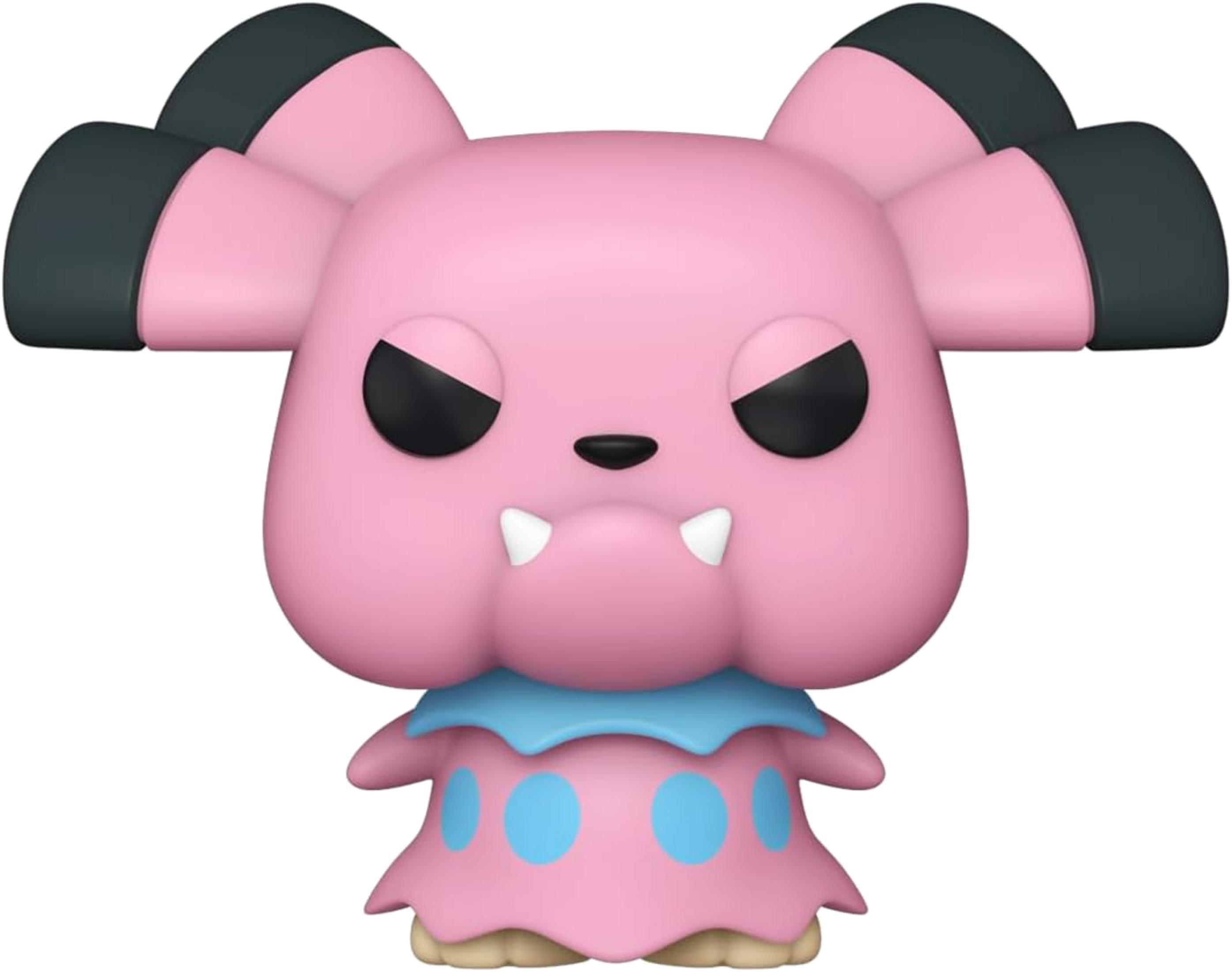 Una figura rosa con orecchie nere, pois blu e denti bianchi.